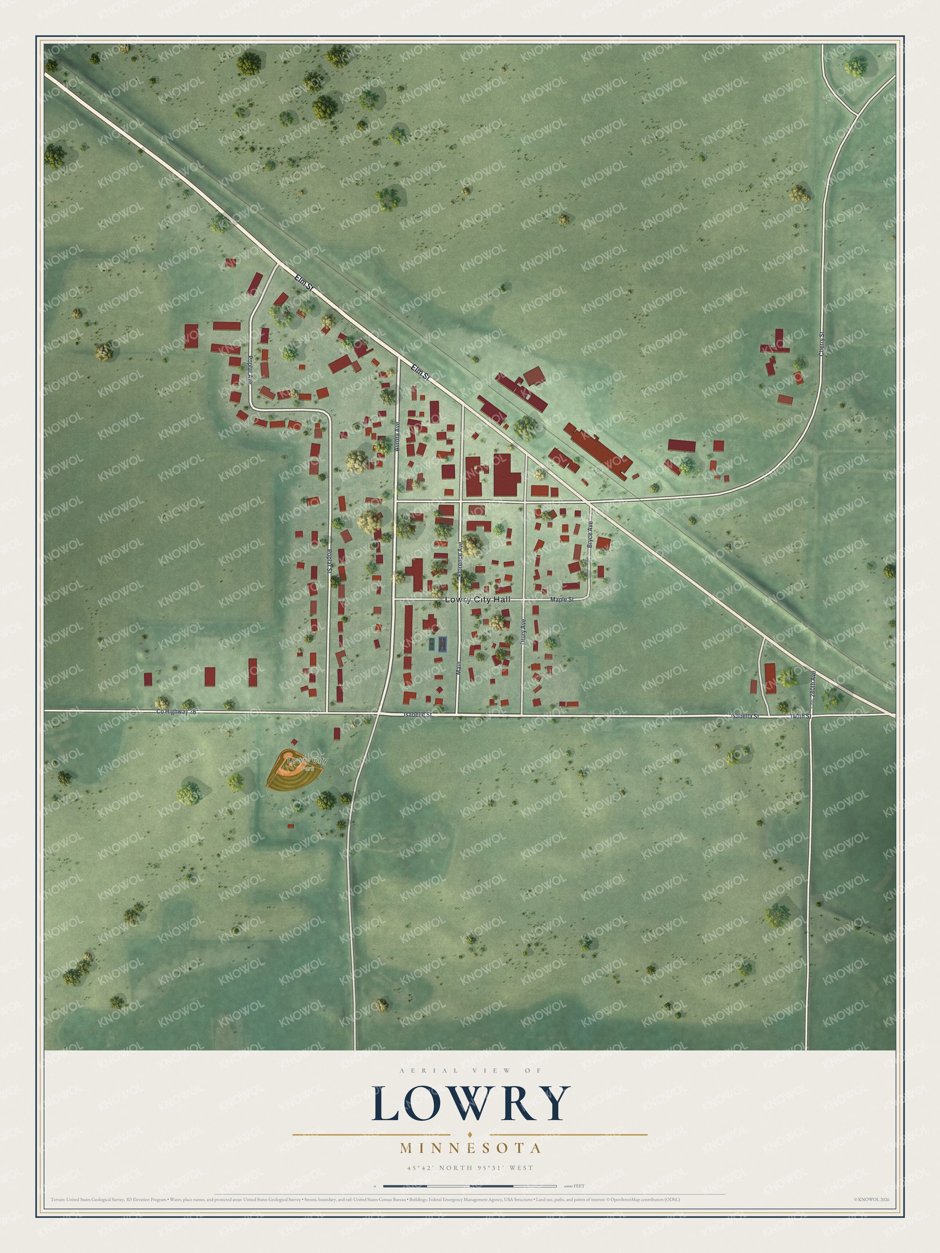 Full map of Lowry, Minnesota, with red buildings, printed street names and the land around them