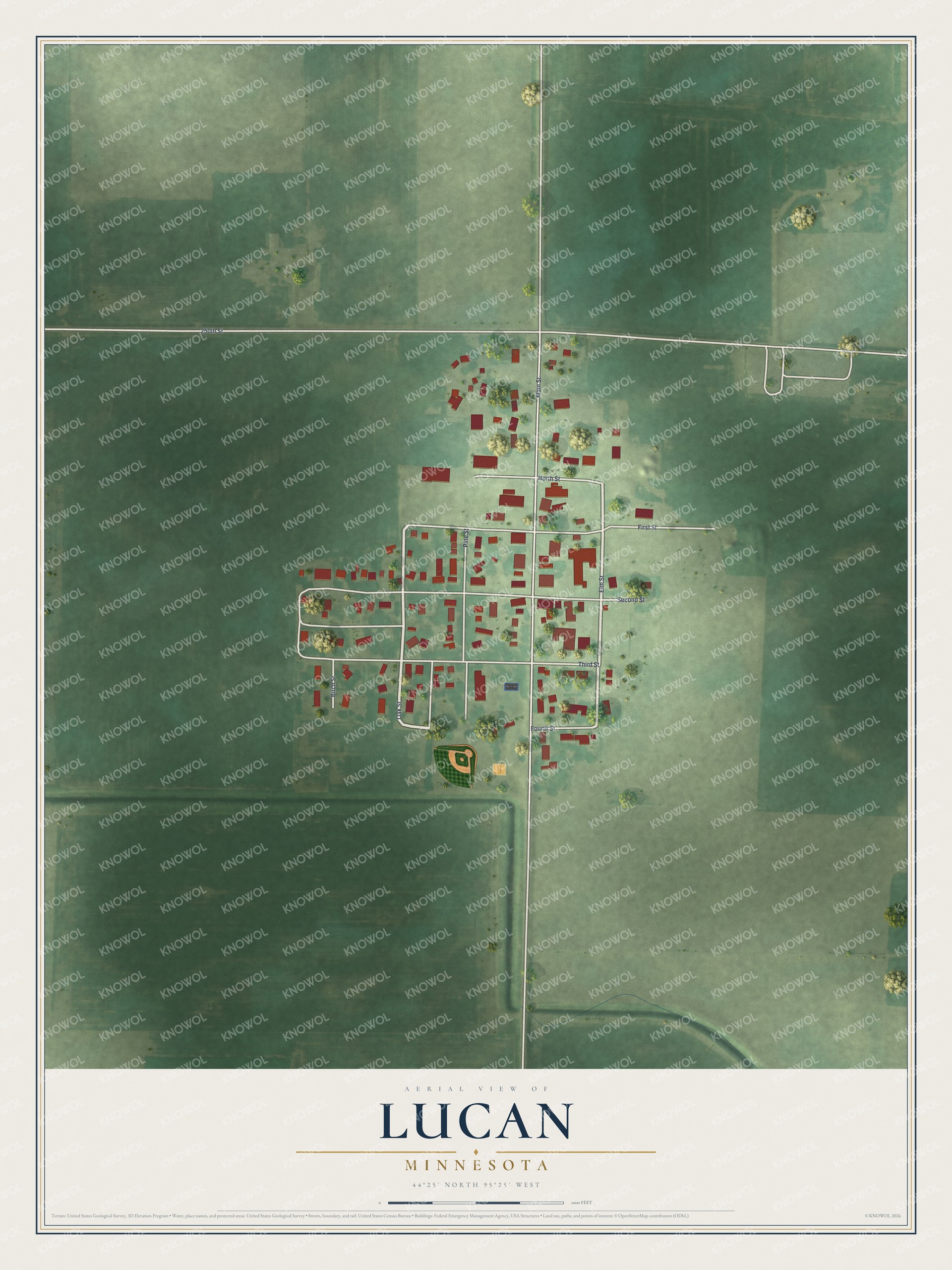 Full map of Lucan, Minnesota, with red buildings, printed street names and the land around them
