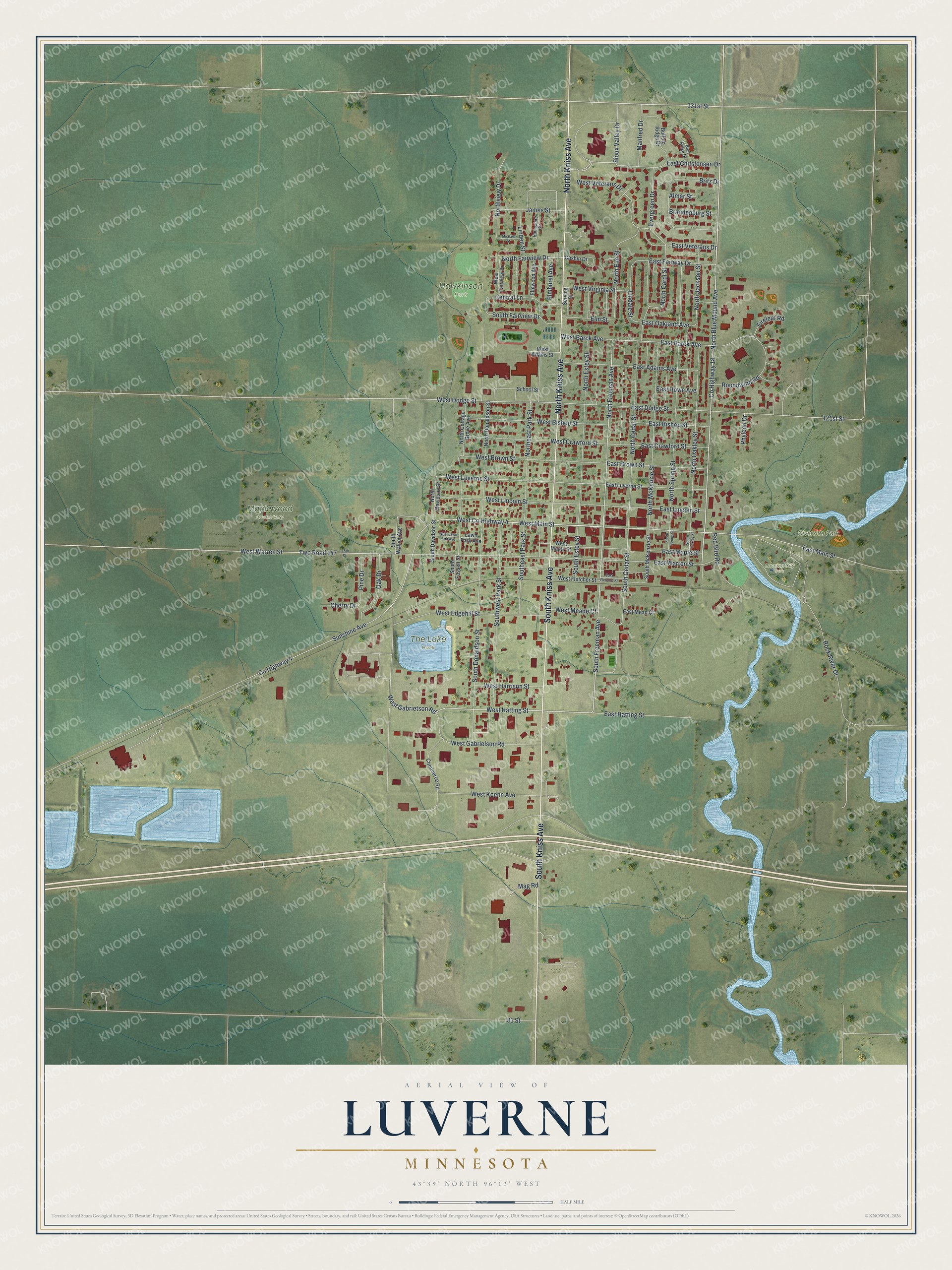 Full map of Luverne, Minnesota, with red buildings, printed street names and the land around them