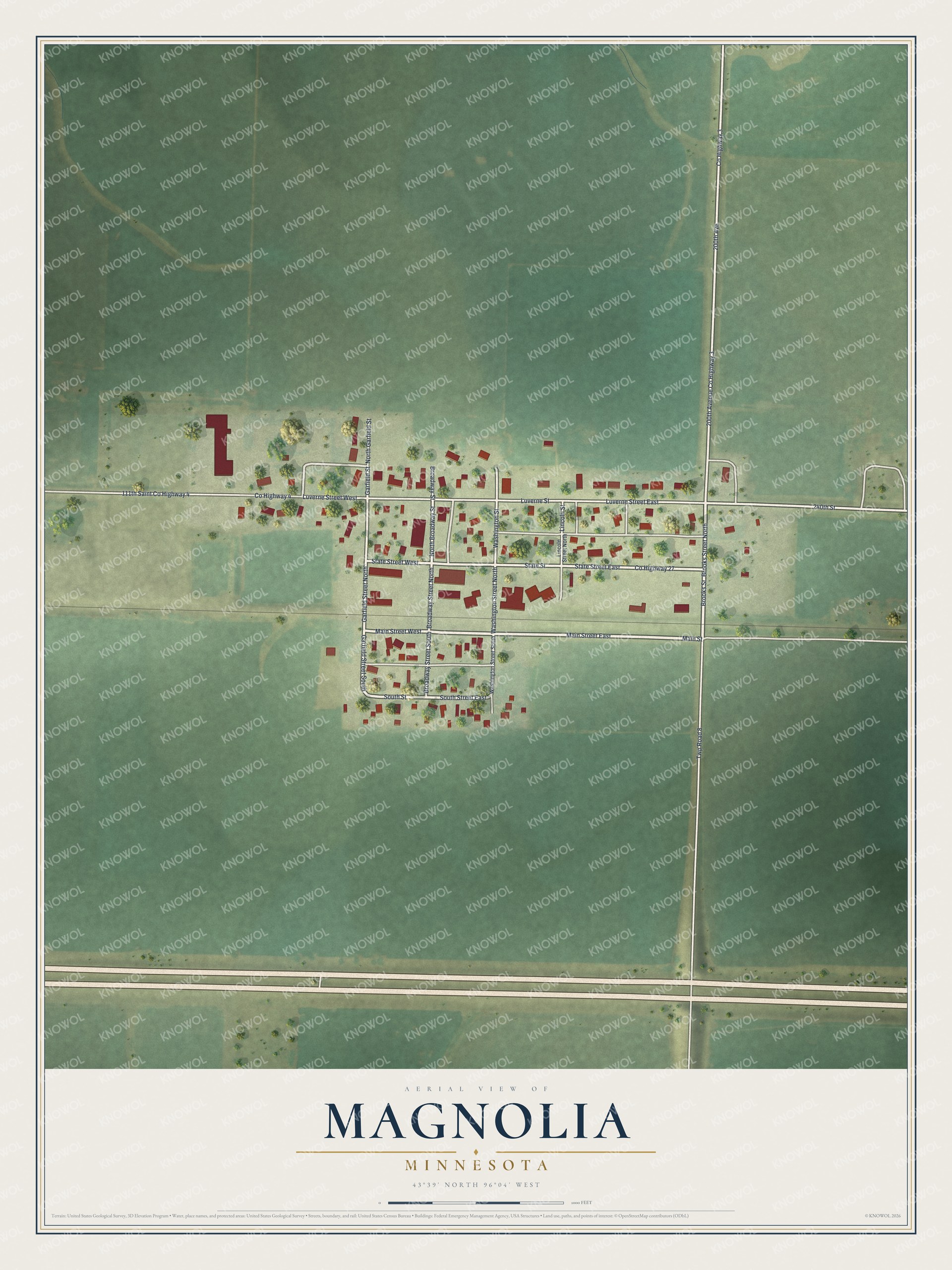 Full map of Magnolia, Minnesota, with red buildings, printed street names and the land around them