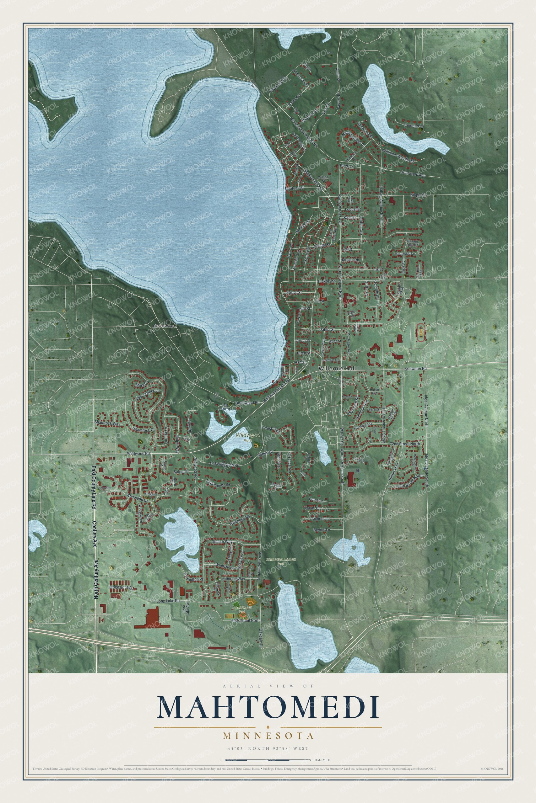 Full map of Mahtomedi, Minnesota, with red buildings, printed street names and the land around them