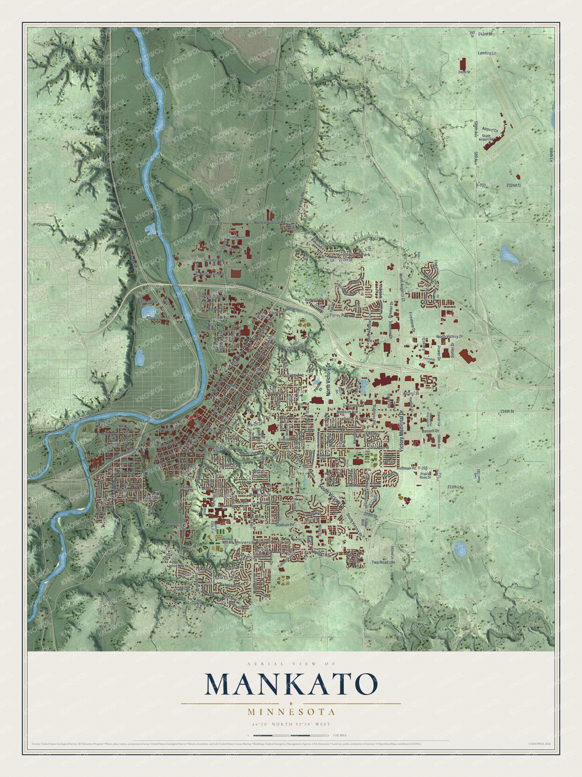 Full map of Mankato, Minnesota, with red buildings, printed street names and the land around them