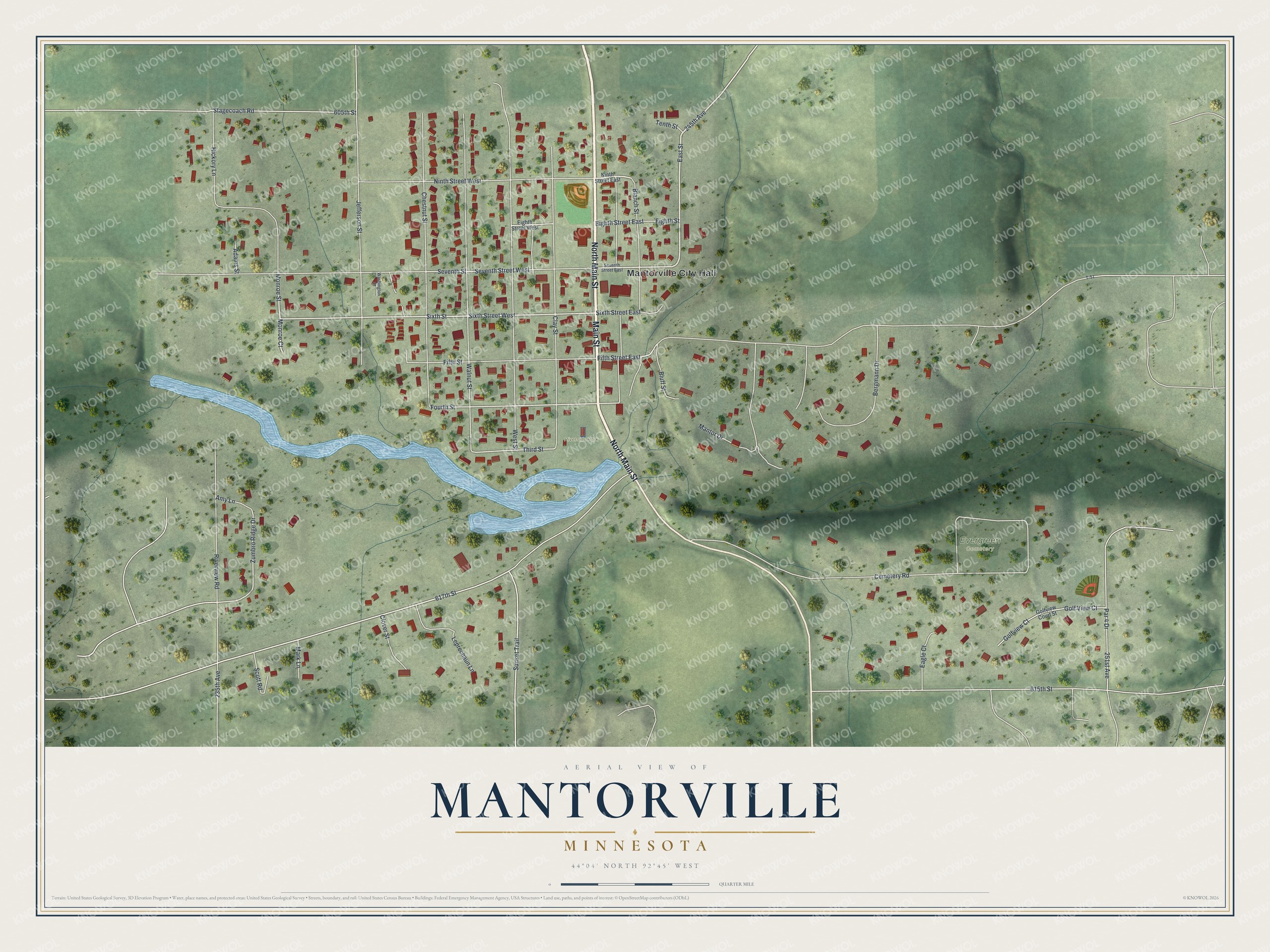 Full map of Mantorville, Minnesota, with red buildings, printed street names and the land around them