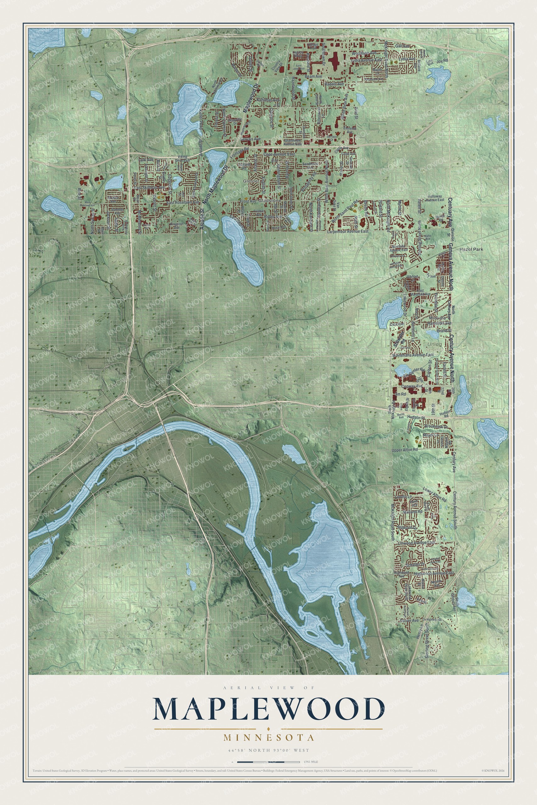 Full map of Maplewood, Minnesota, with red buildings, printed street names and the land around them