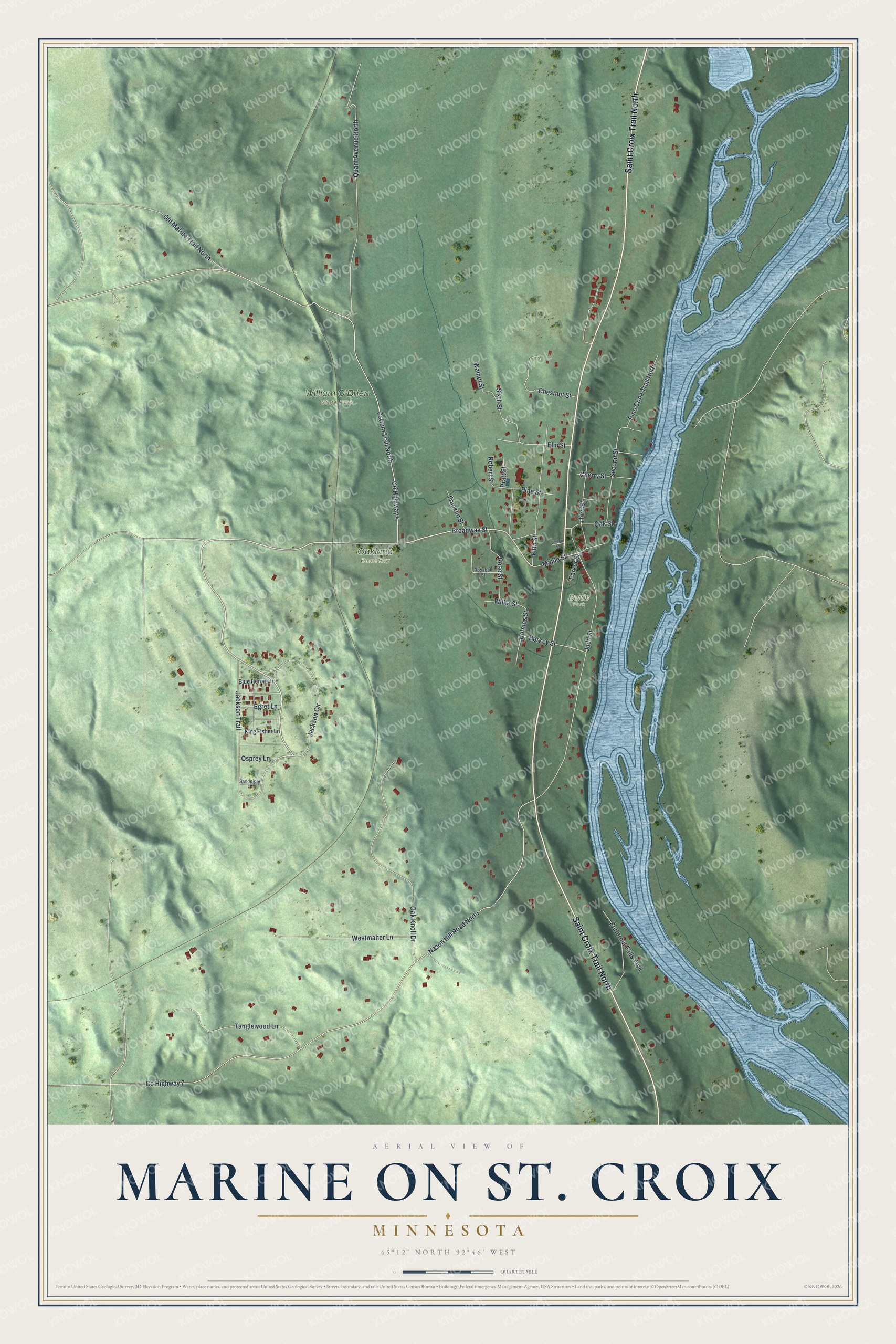 Full map of Marine on St. Croix, Minnesota, with red buildings, printed street names and the land around them