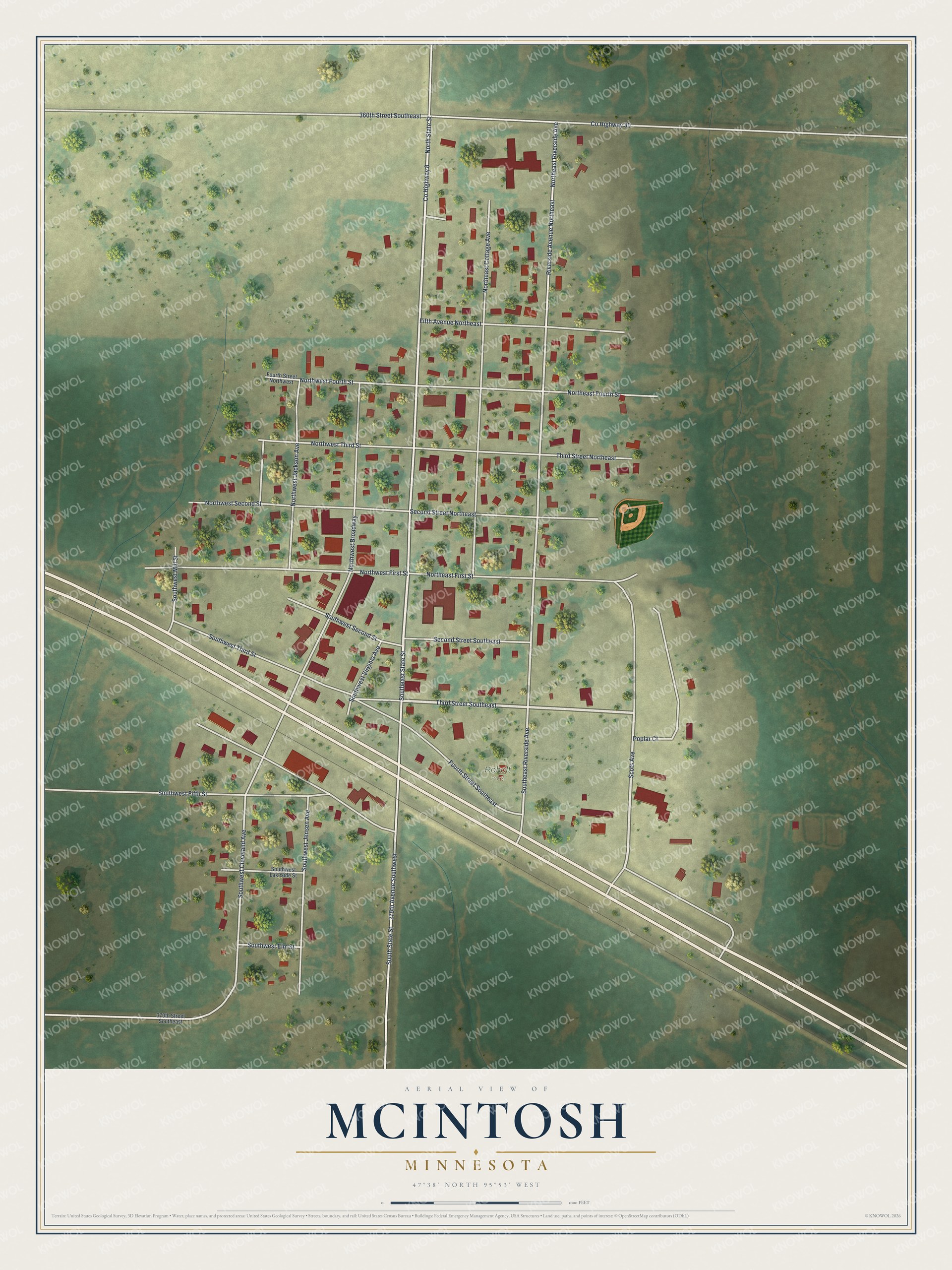 Full map of McIntosh, Minnesota, with red buildings, printed street names and the land around them