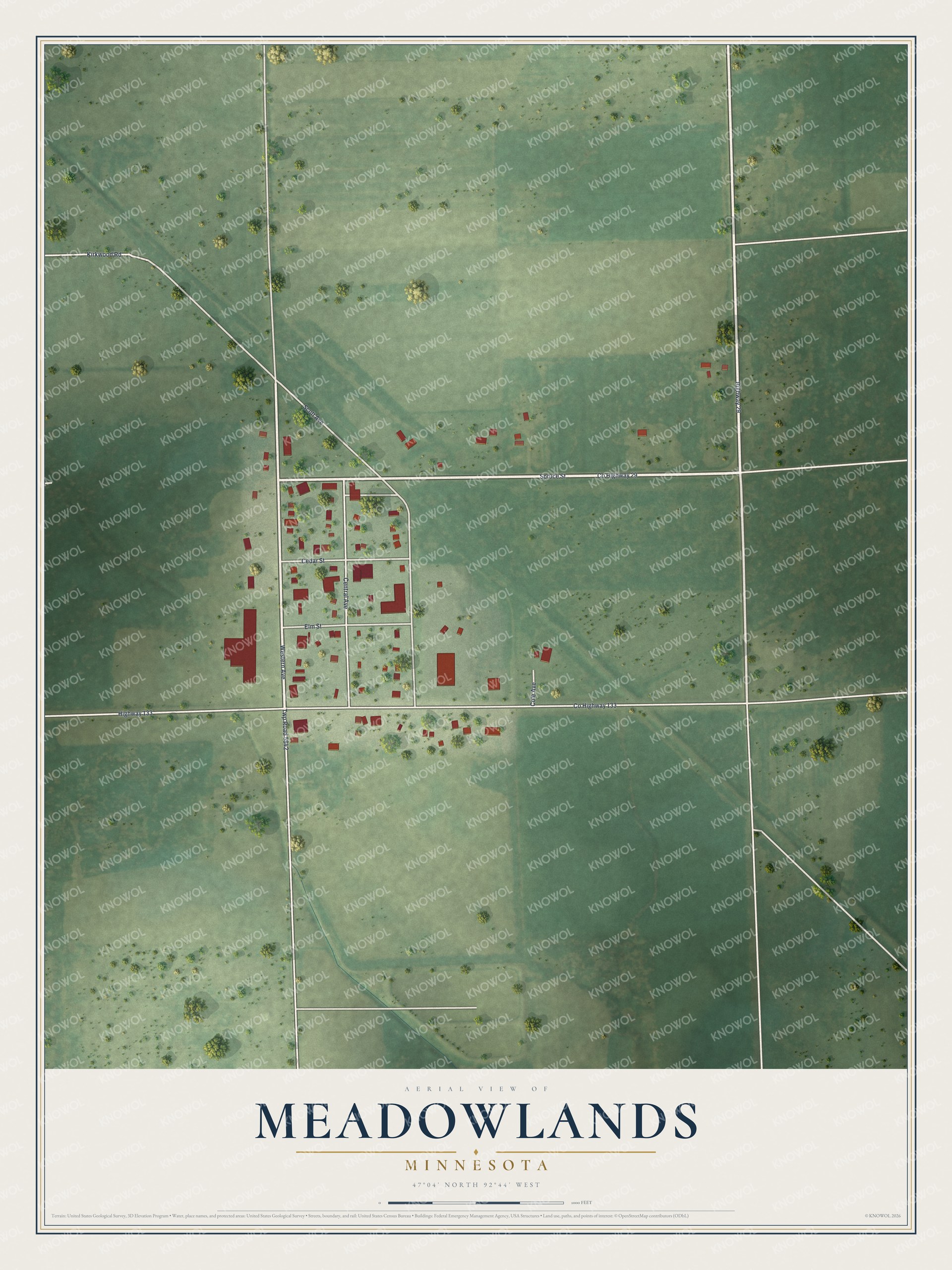 Full map of Meadowlands, Minnesota, with red buildings, printed street names and the land around them