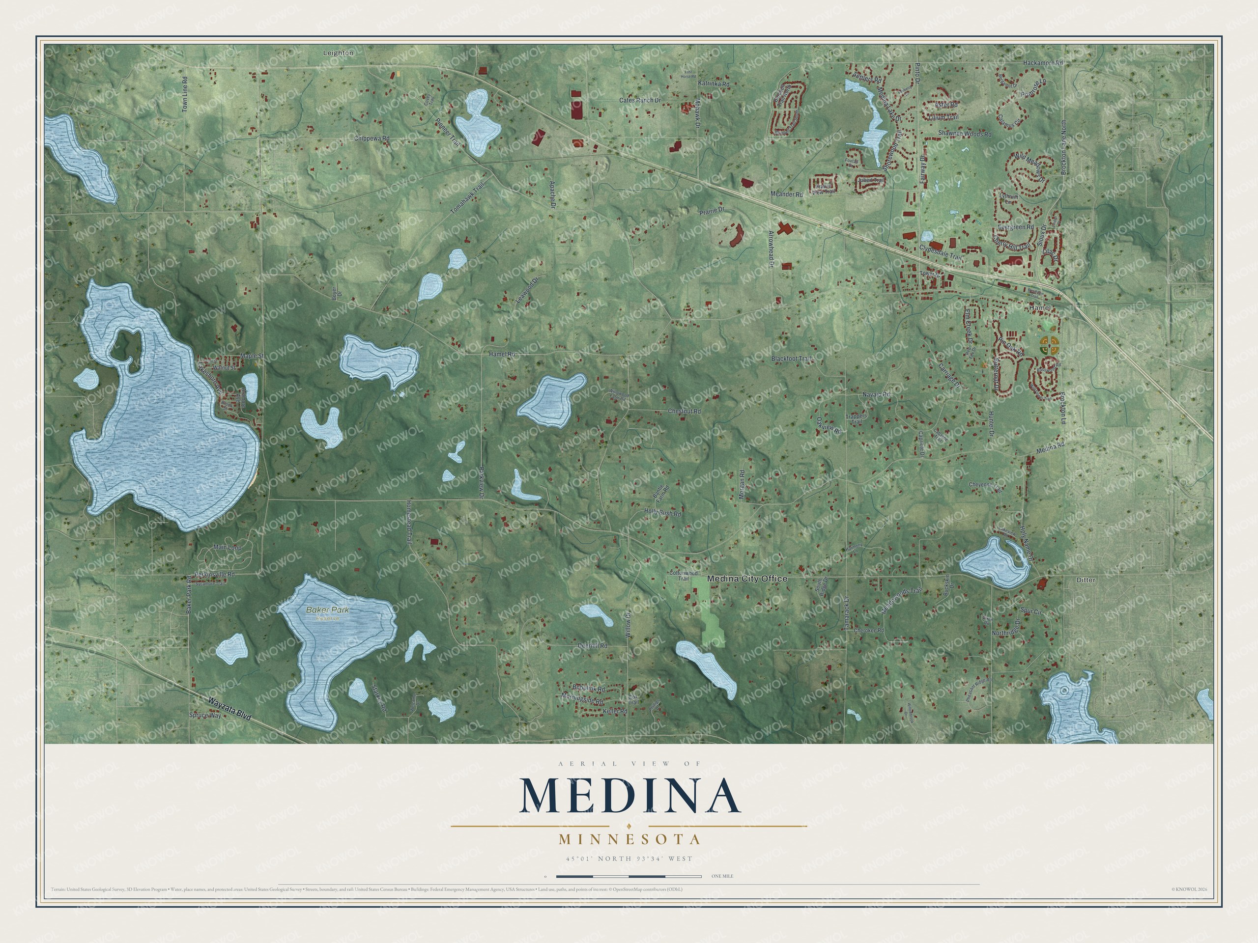 Full map of Medina, Minnesota, with red buildings, printed street names and the land around them