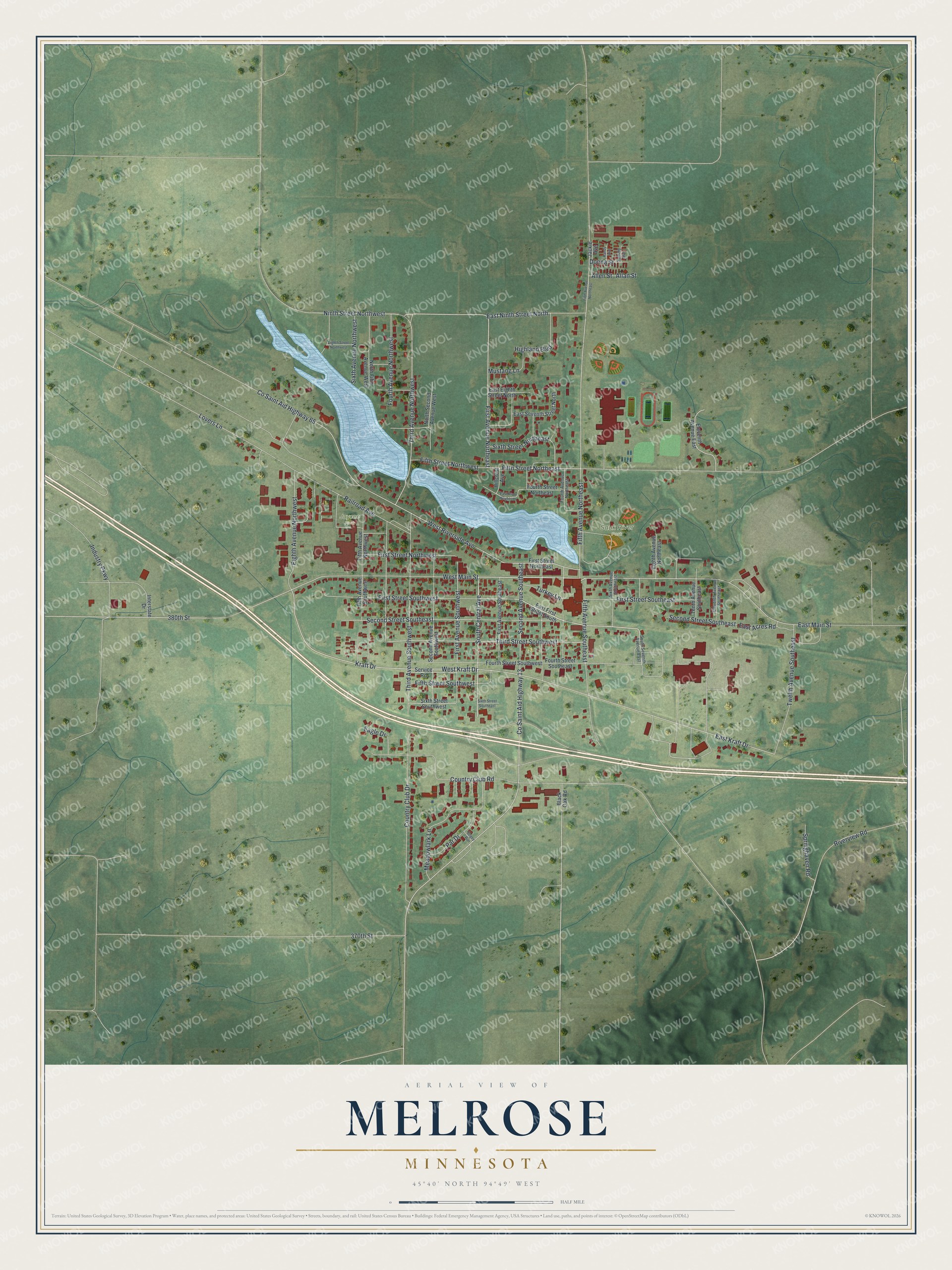Full map of Melrose, Minnesota, with red buildings, printed street names and the land around them