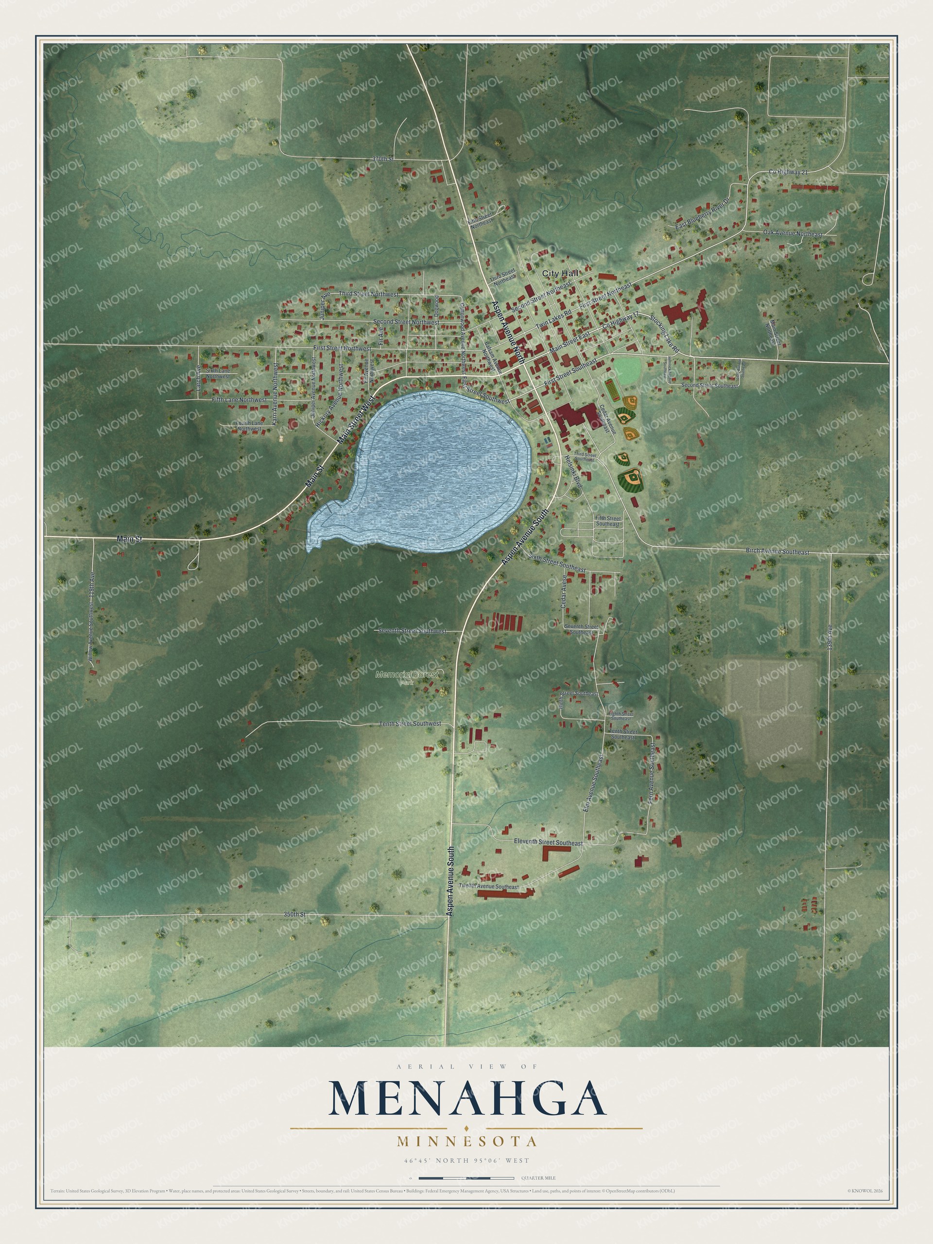 Full map of Menahga, Minnesota, with red buildings, printed street names and the land around them
