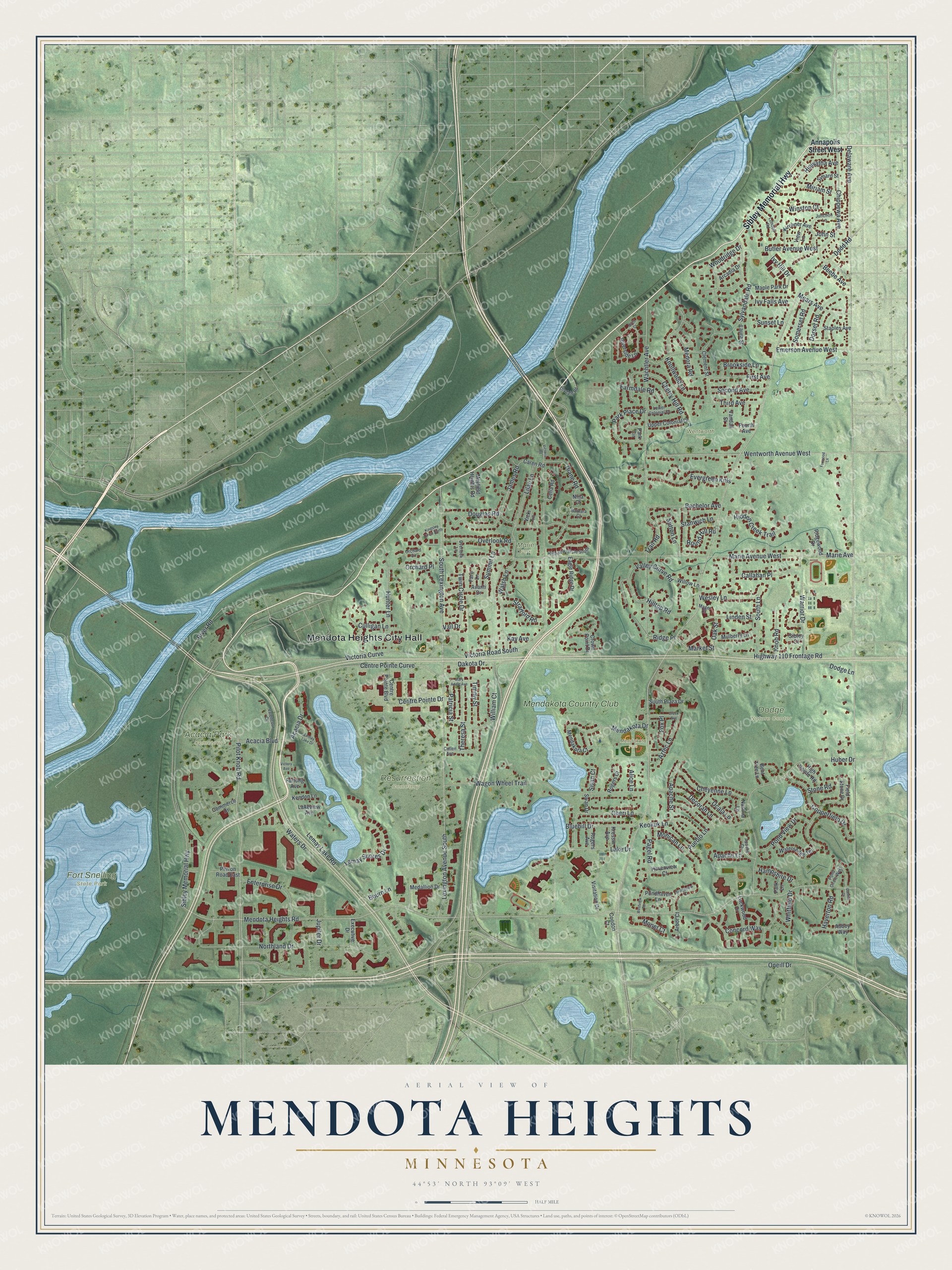 Full map of Mendota Heights, Minnesota, with red buildings, printed street names and the land around them
