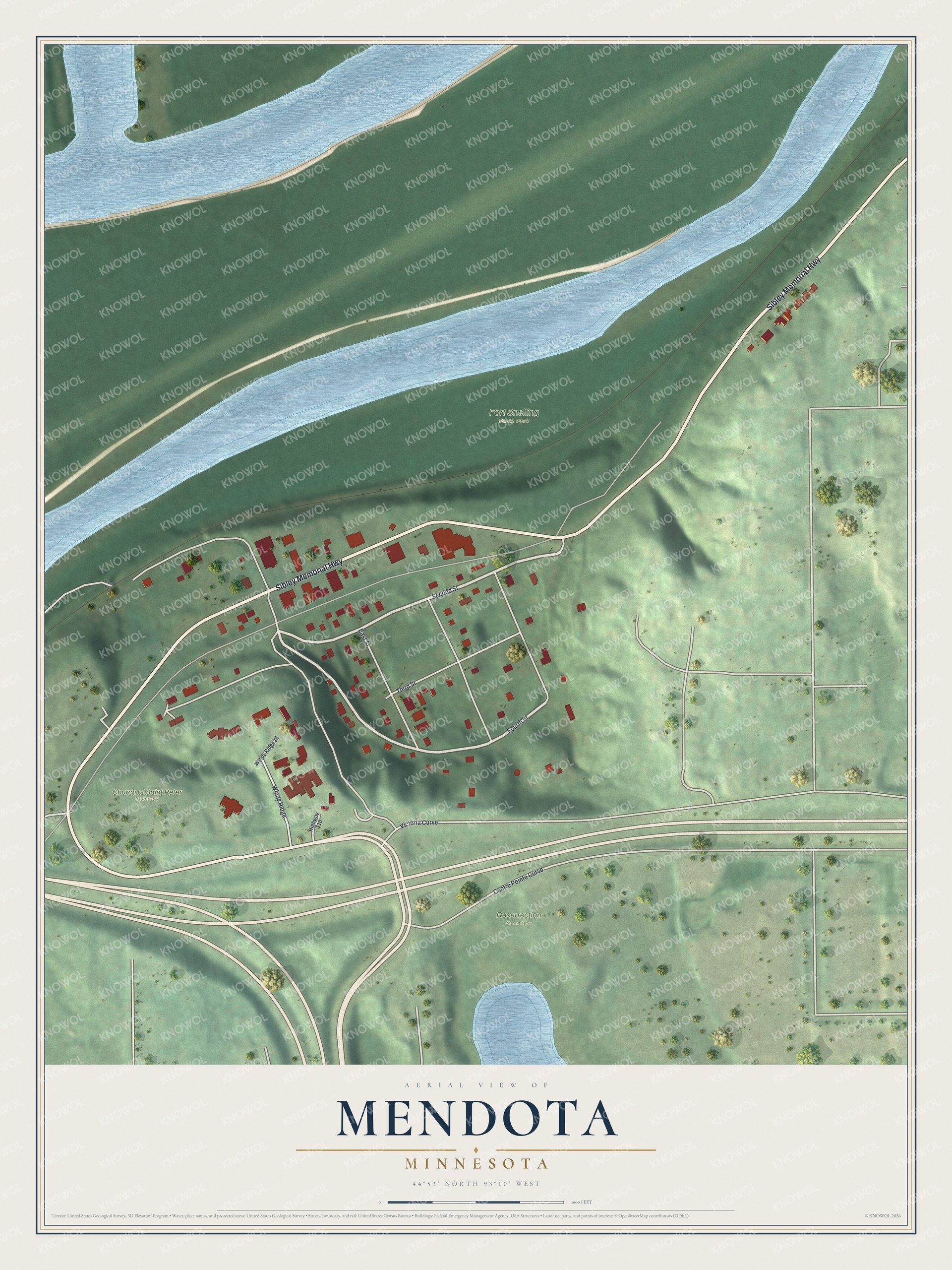 Full map of Mendota, Minnesota, with red buildings, printed street names and the land around them