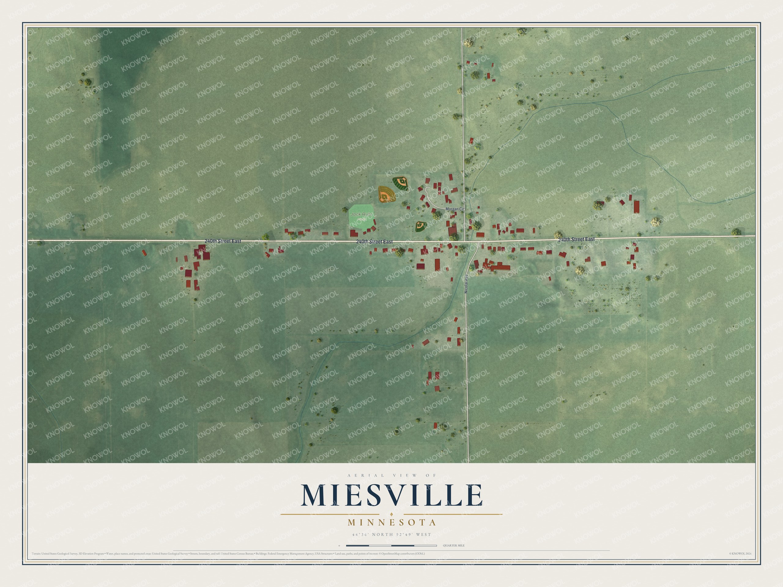 Full map of Miesville, Minnesota, with red buildings, printed street names and the land around them