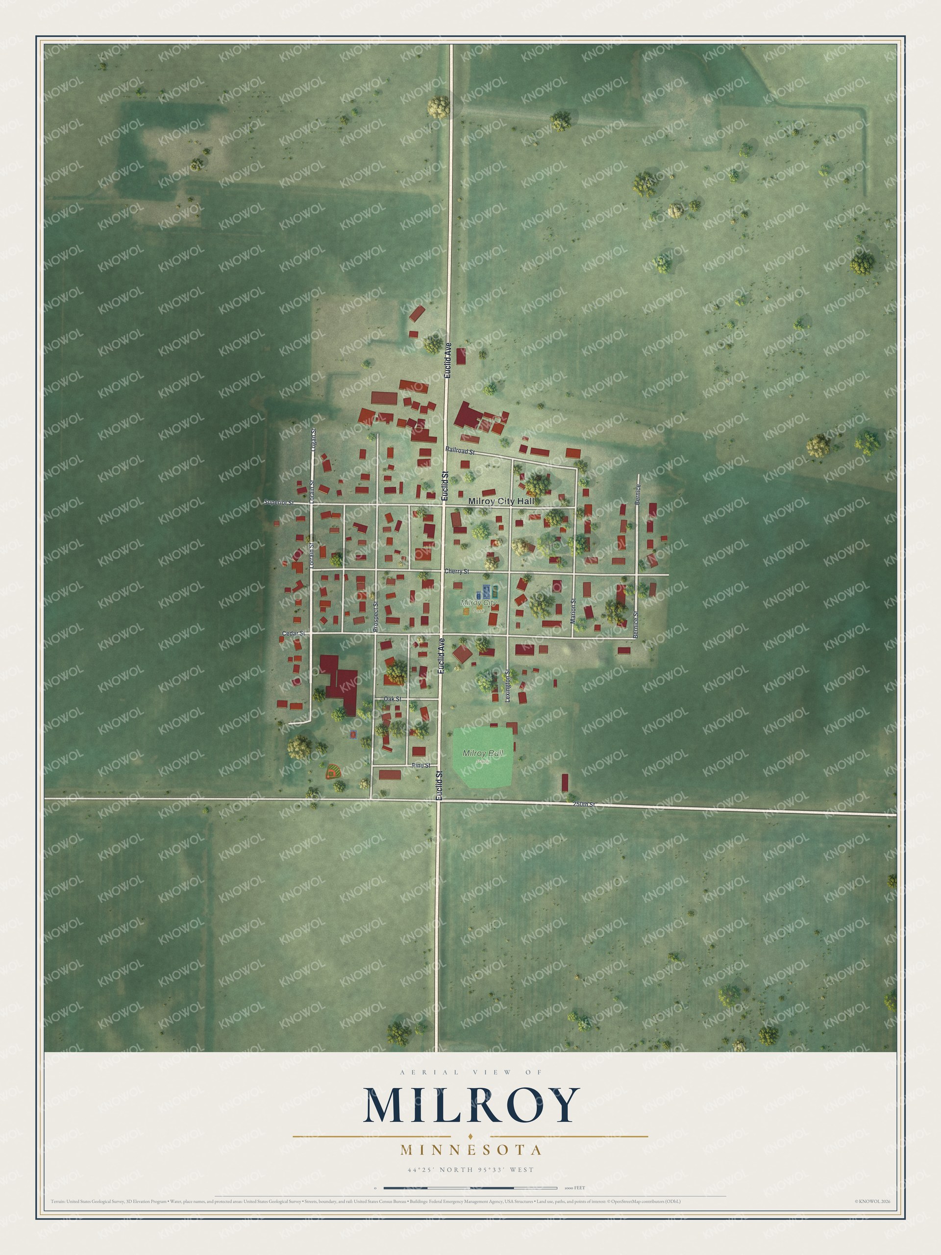 Full map of Milroy, Minnesota, with red buildings, printed street names and the land around them