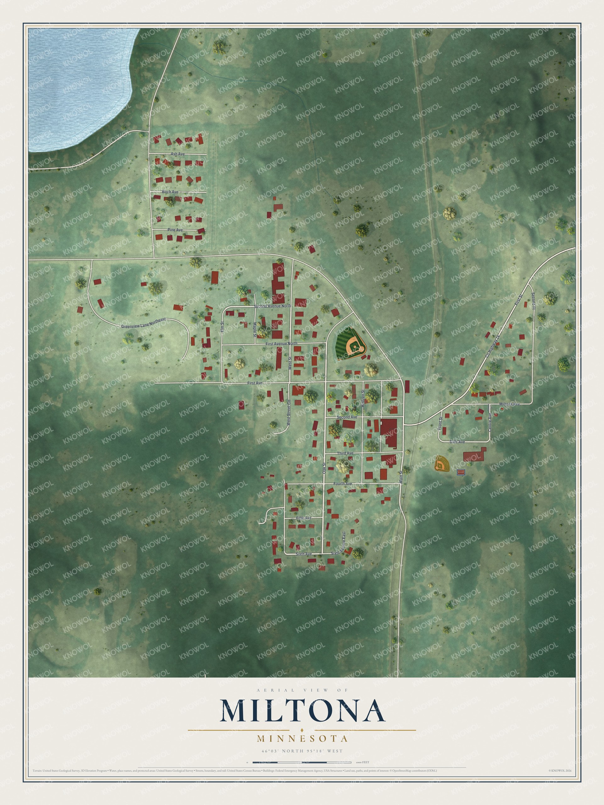 Full map of Miltona, Minnesota, with red buildings, printed street names and the land around them