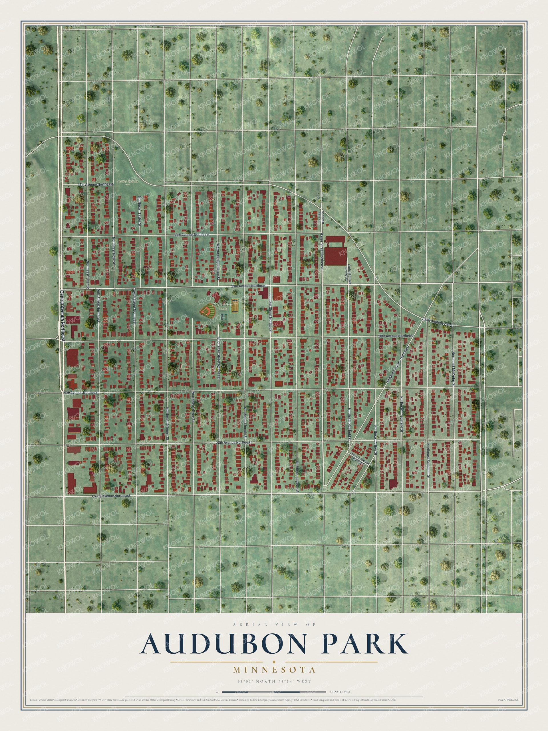 Full map of Audubon Park, Minnesota, with red buildings, printed street names and the land around them