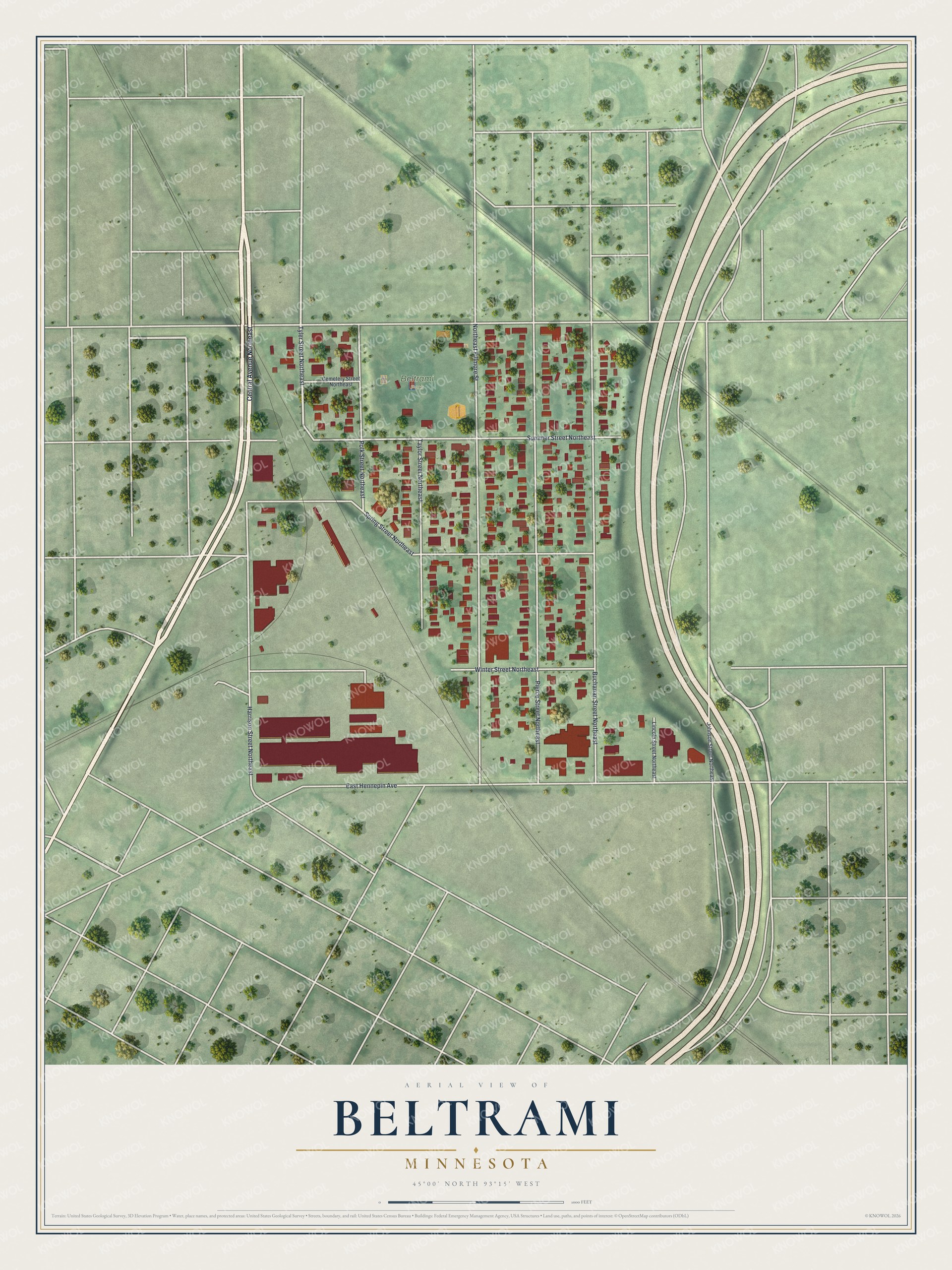 Full map of Beltrami, Minnesota, with red buildings, printed street names and the land around them