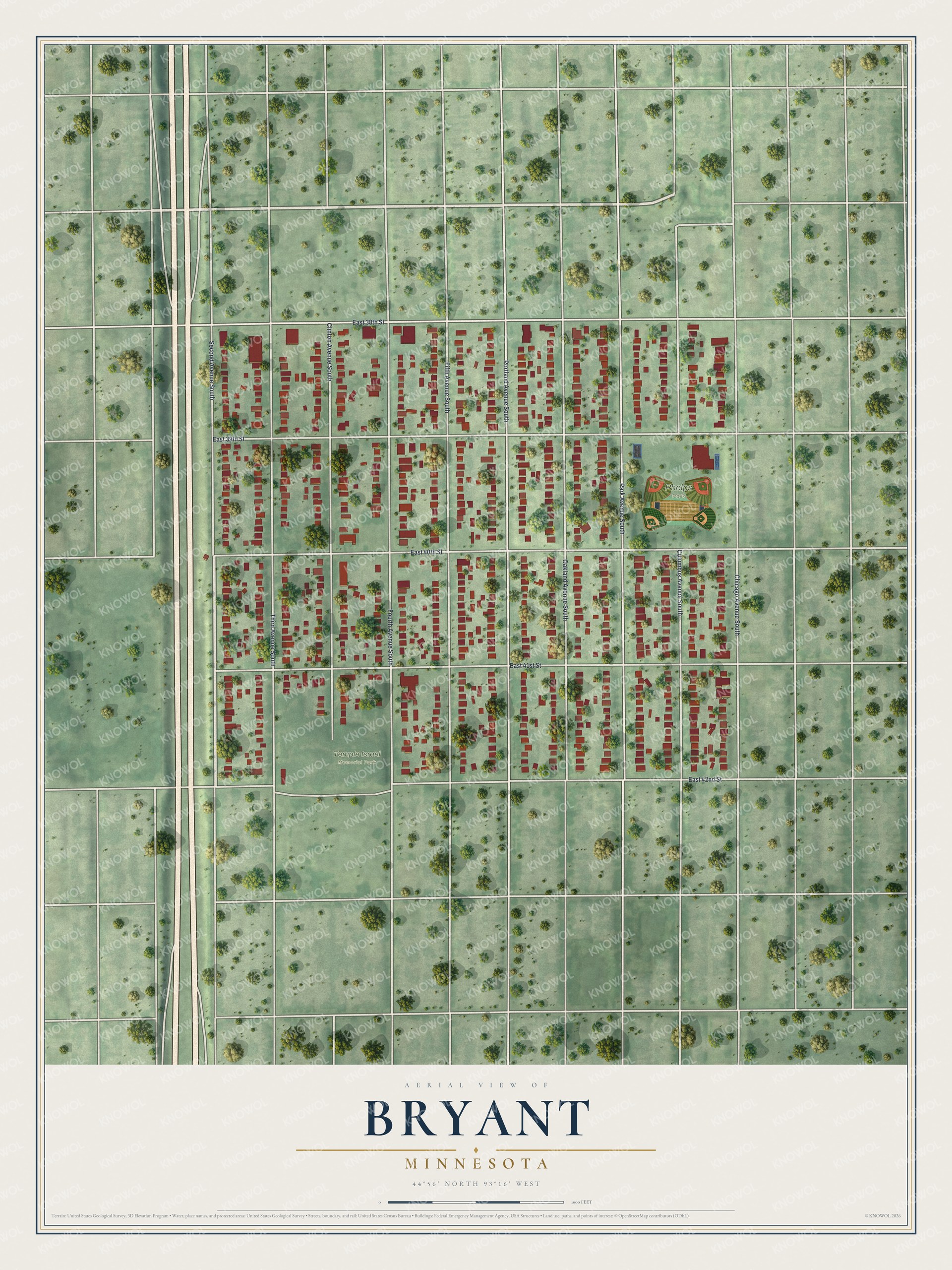Full map of Bryant, Minnesota, with red buildings, printed street names and the land around them