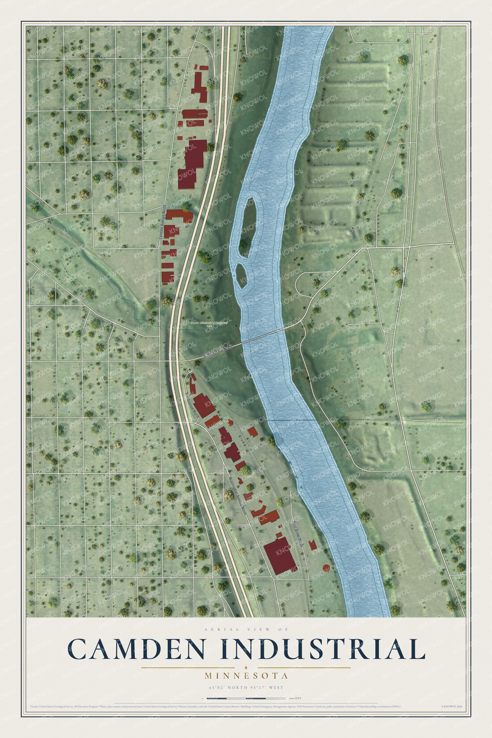 Full map of Camden Industrial, Minnesota, with red buildings, printed street names and the land around them