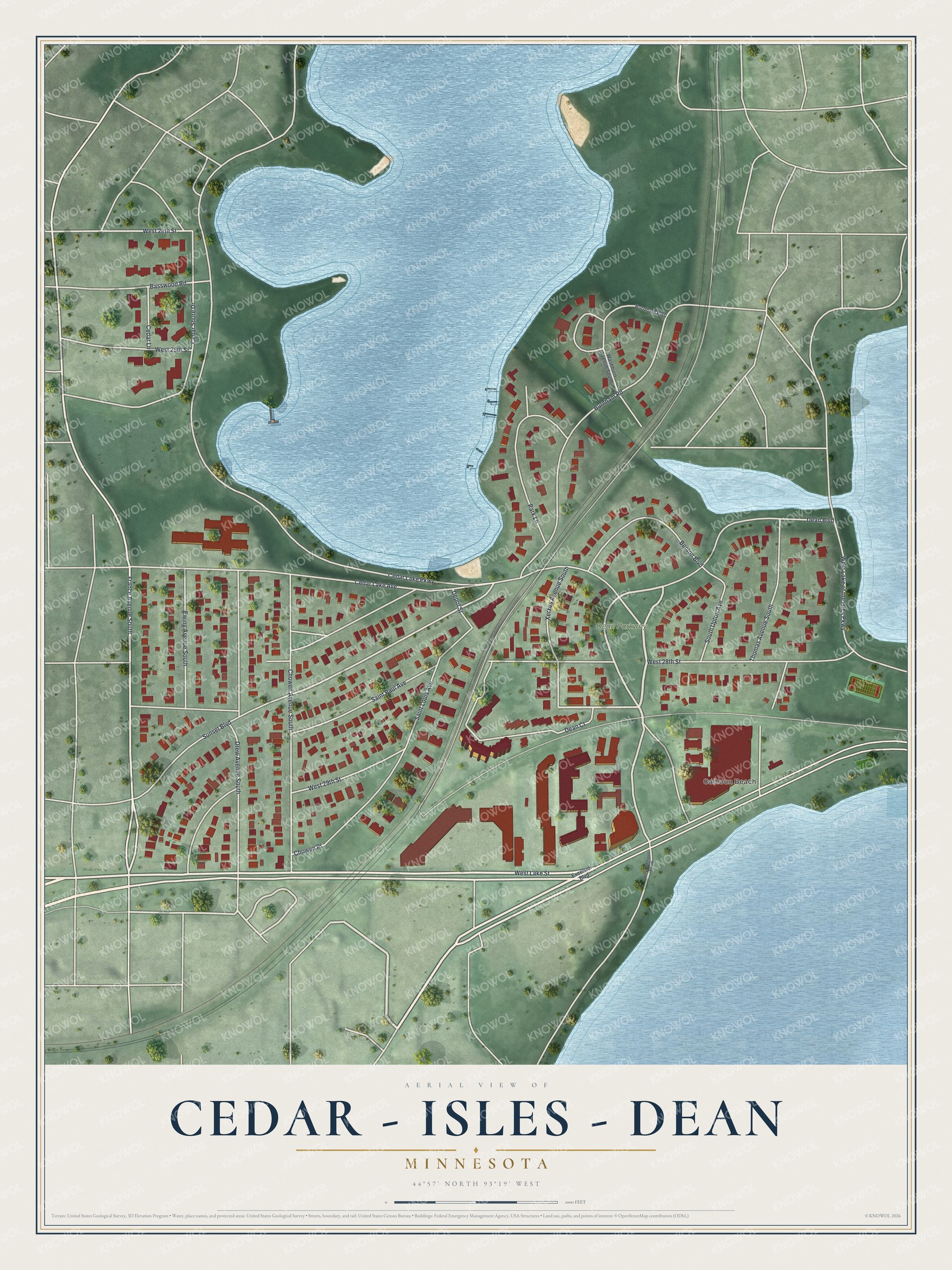 Full map of Cedar - Isles - Dean, Minnesota, with red buildings, printed street names and the land around them