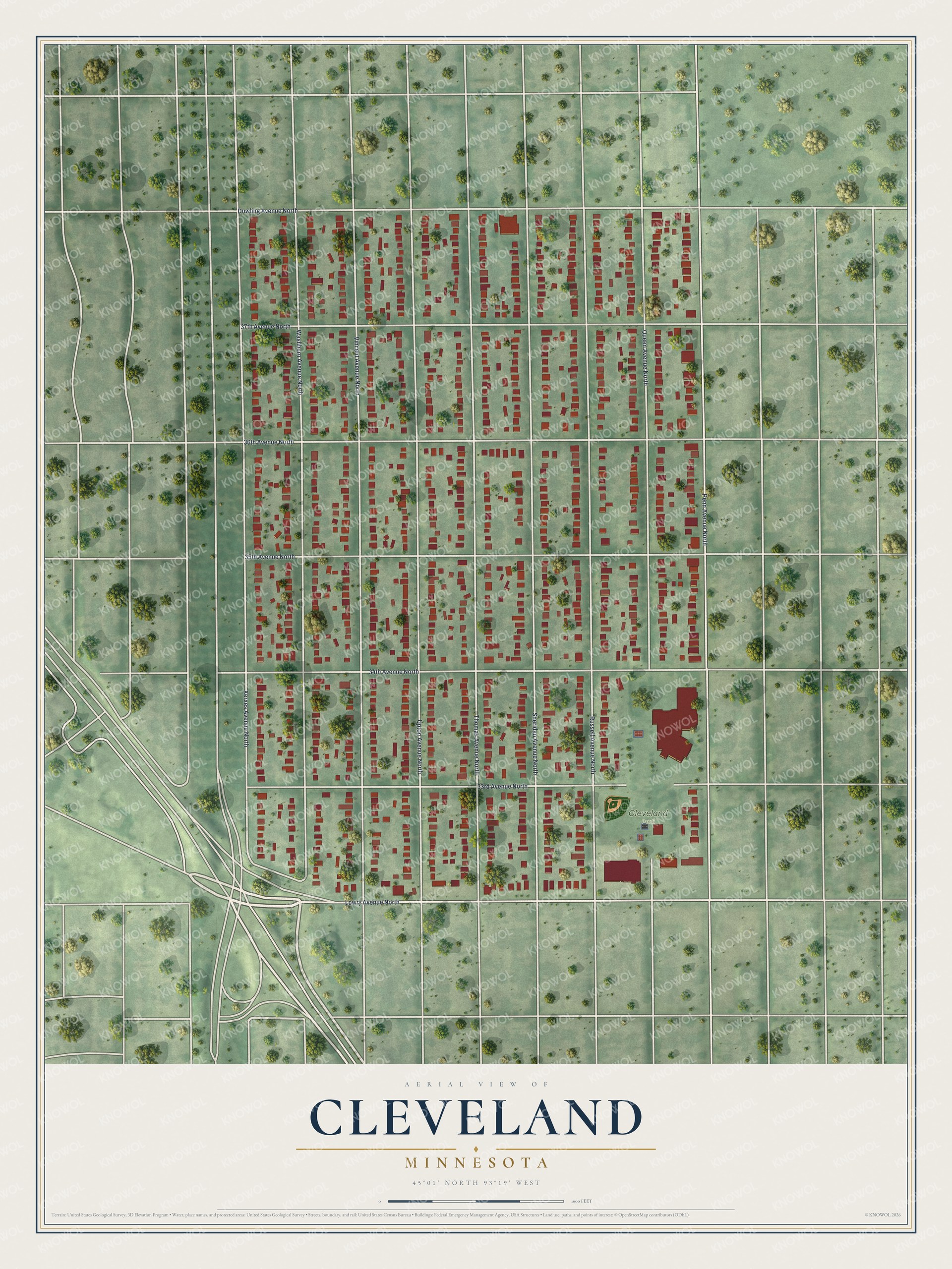 Full map of Cleveland, Minnesota, with red buildings, printed street names and the land around them