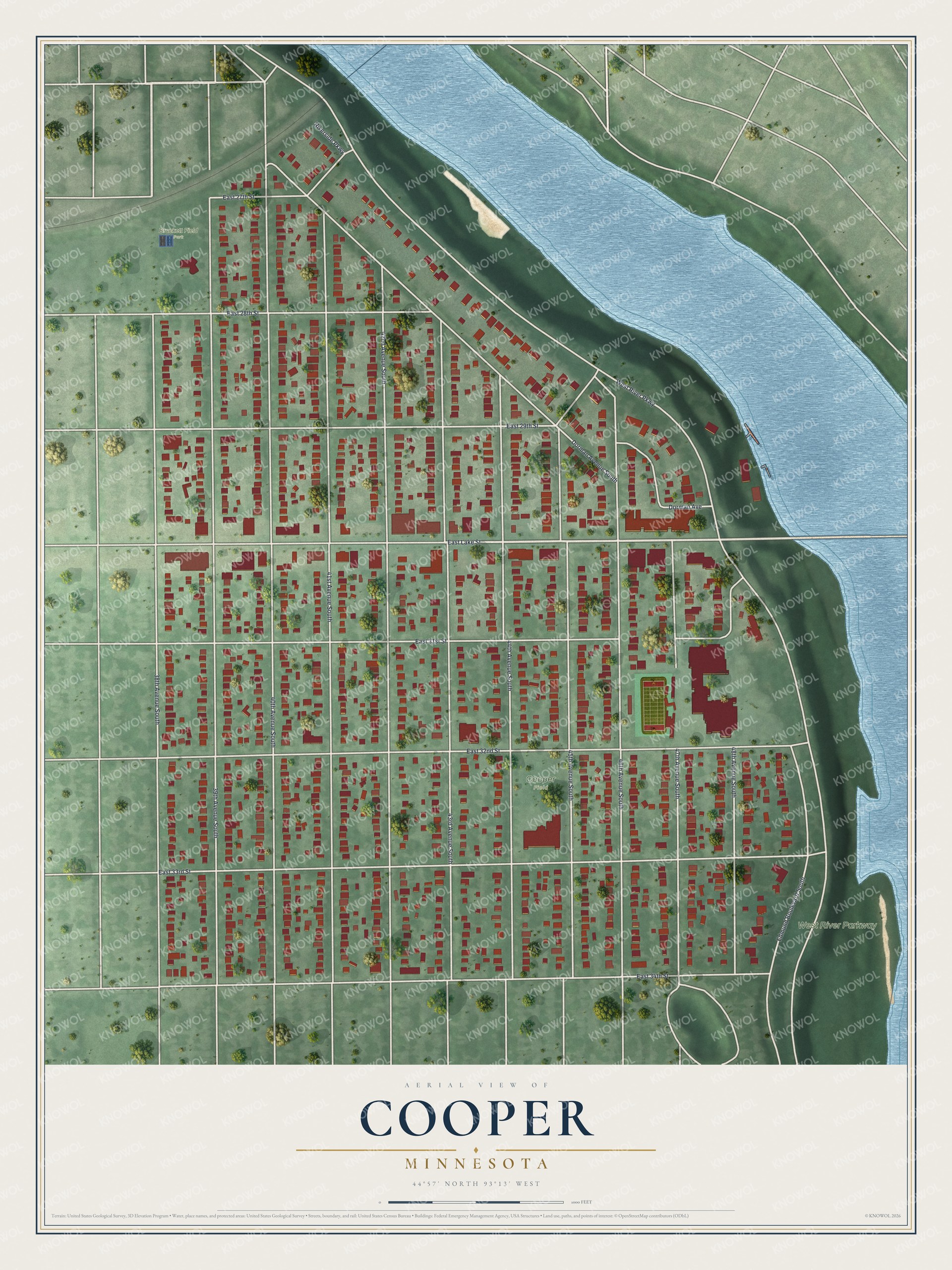 Full map of Cooper, Minnesota, with red buildings, printed street names and the land around them