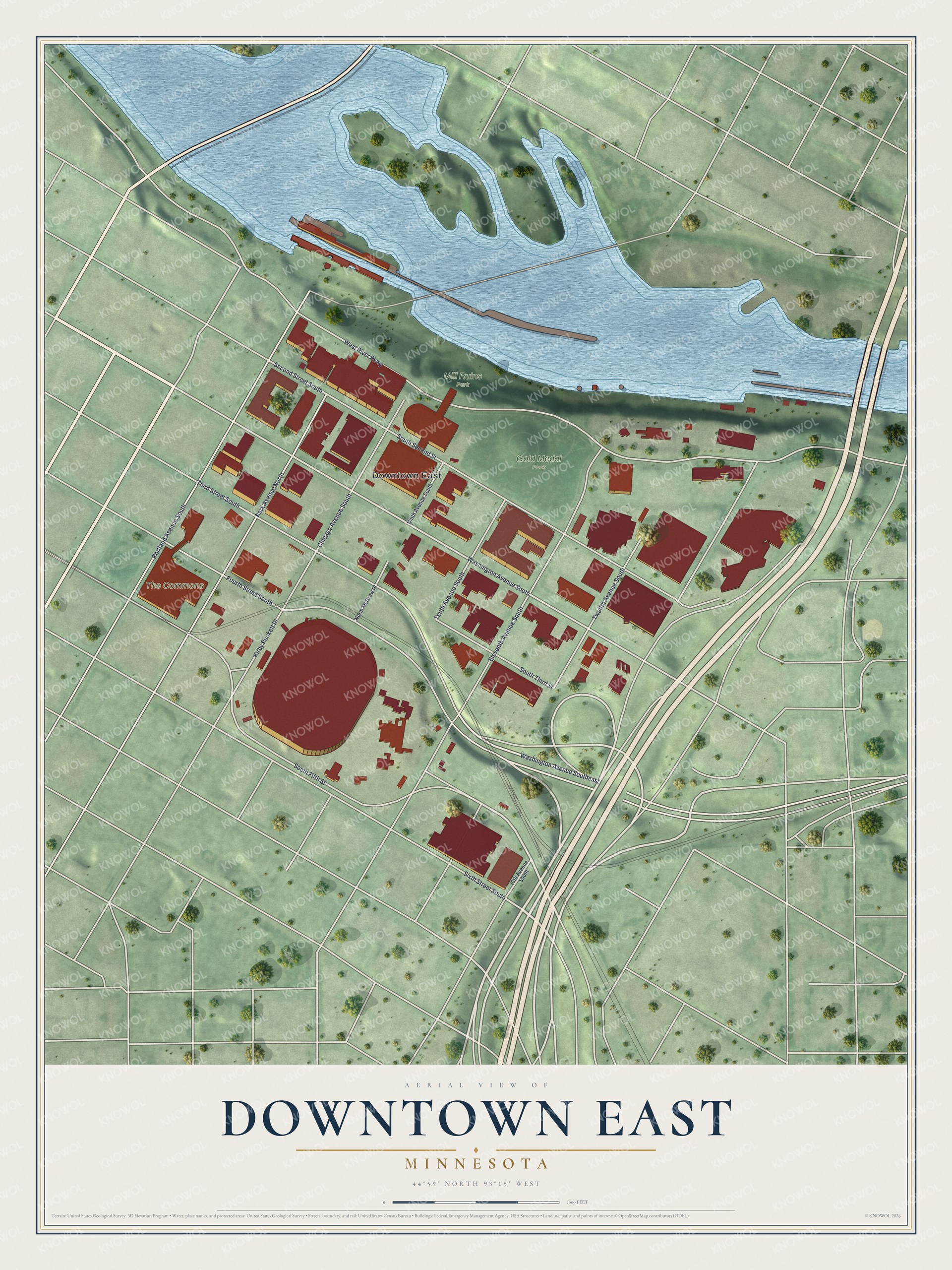 Full map of Downtown East, Minnesota, with red buildings, printed street names and the land around them