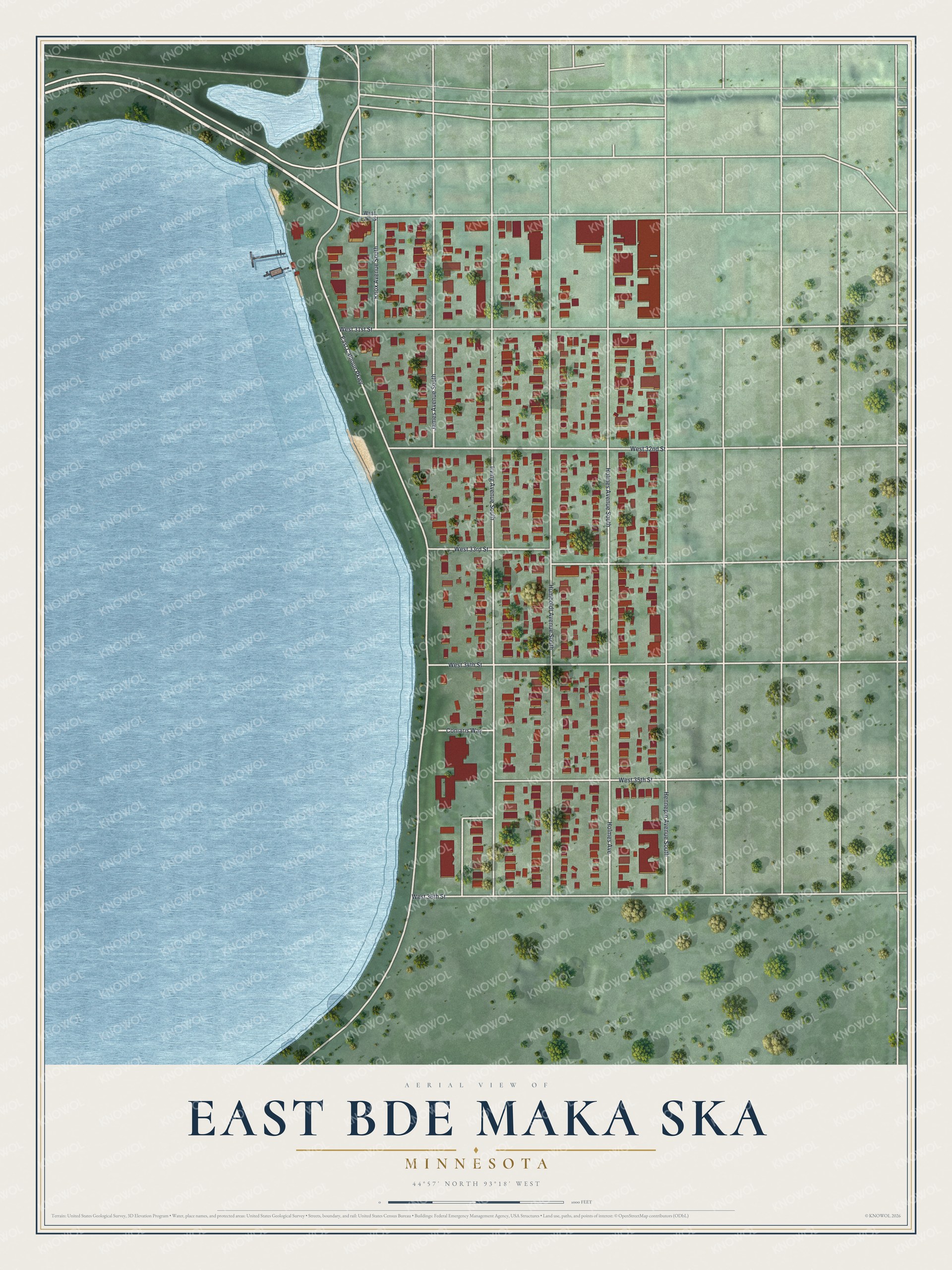 Full map of East Bde Maka Ska, Minnesota, with red buildings, printed street names and the land around them