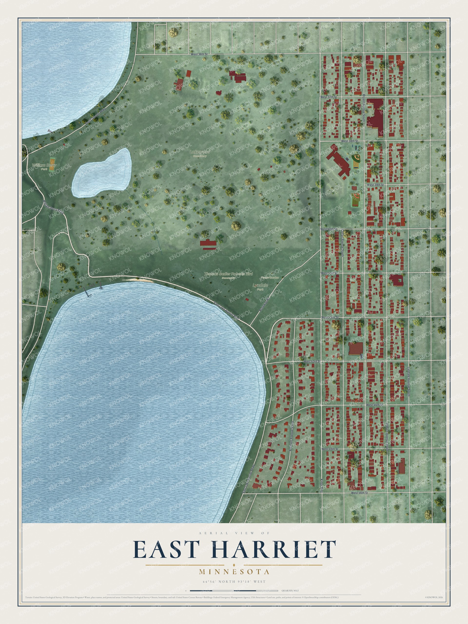 Full map of East Harriet, Minnesota, with red buildings, printed street names and the land around them