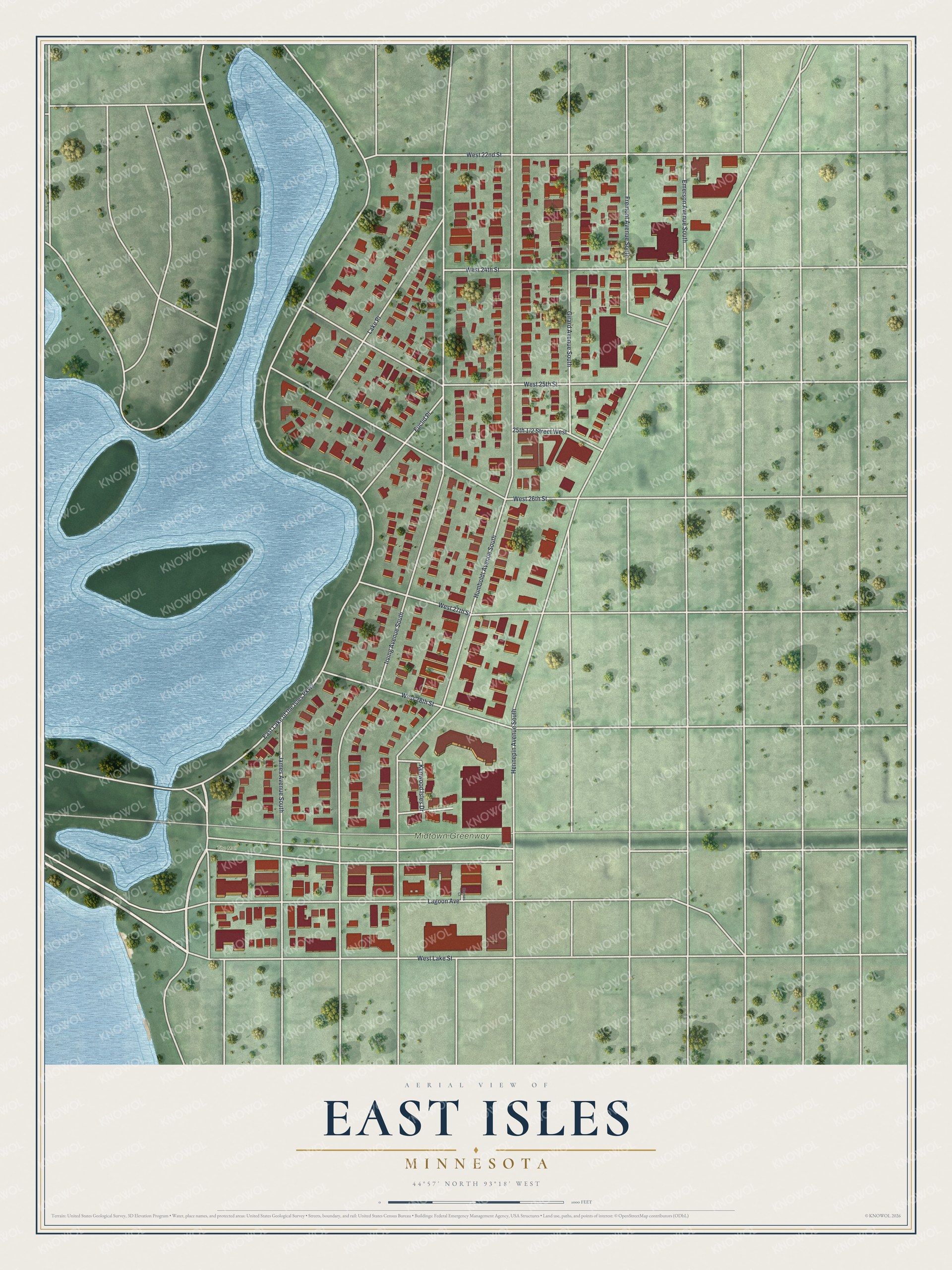 Full map of East Isles, Minnesota, with red buildings, printed street names and the land around them
