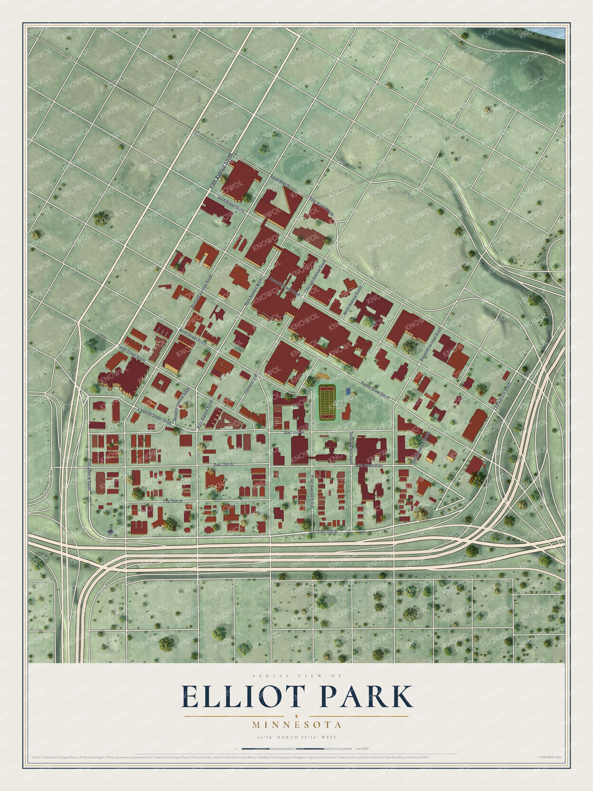 Full map of Elliot Park, Minnesota, with red buildings, printed street names and the land around them