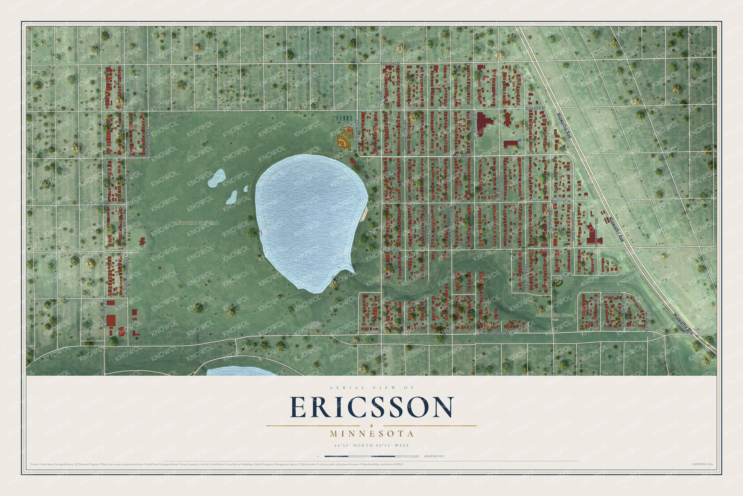 Full map of Ericsson, Minnesota, with red buildings, printed street names and the land around them