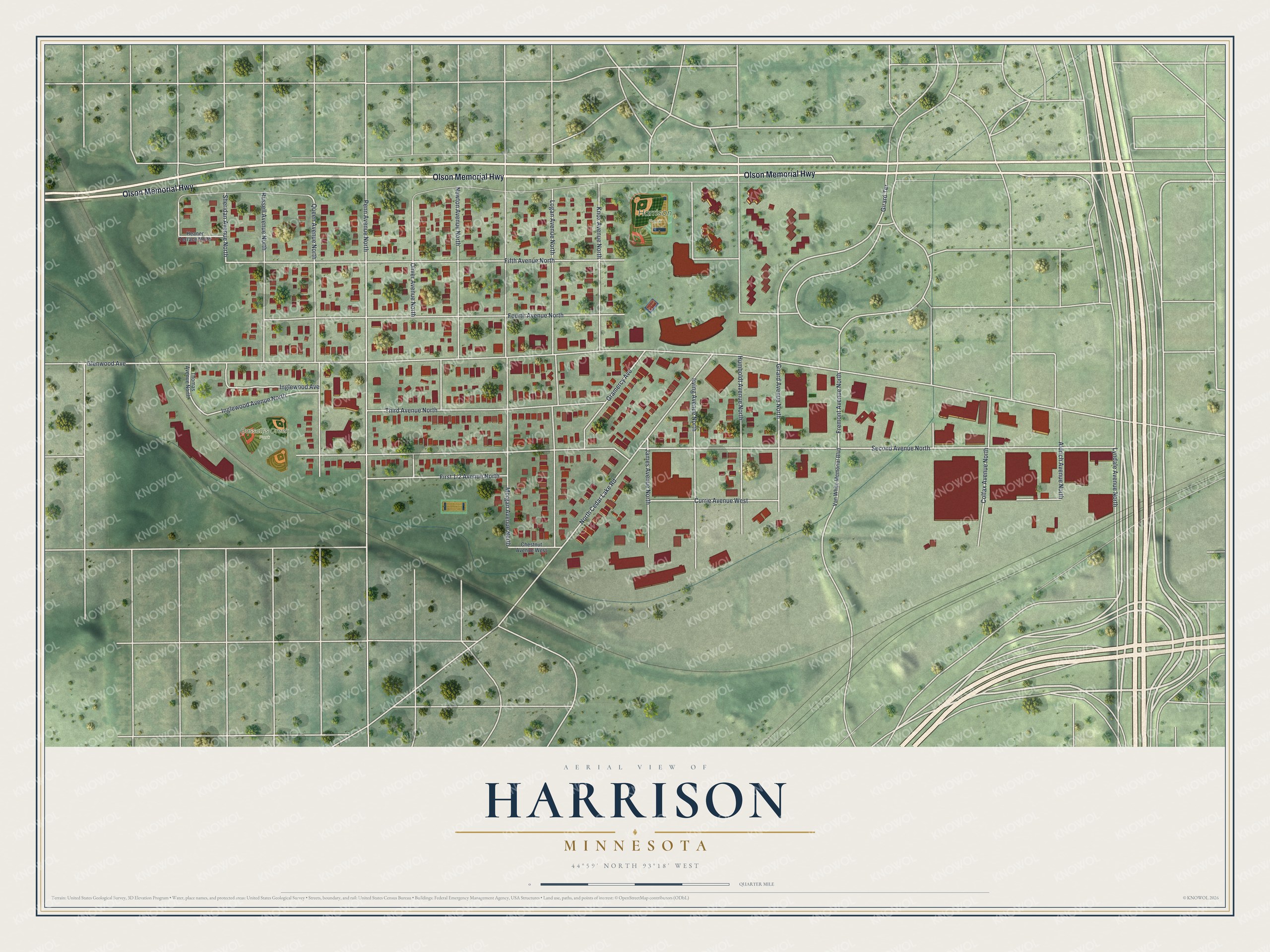 Full map of Harrison, Minnesota, with red buildings, printed street names and the land around them
