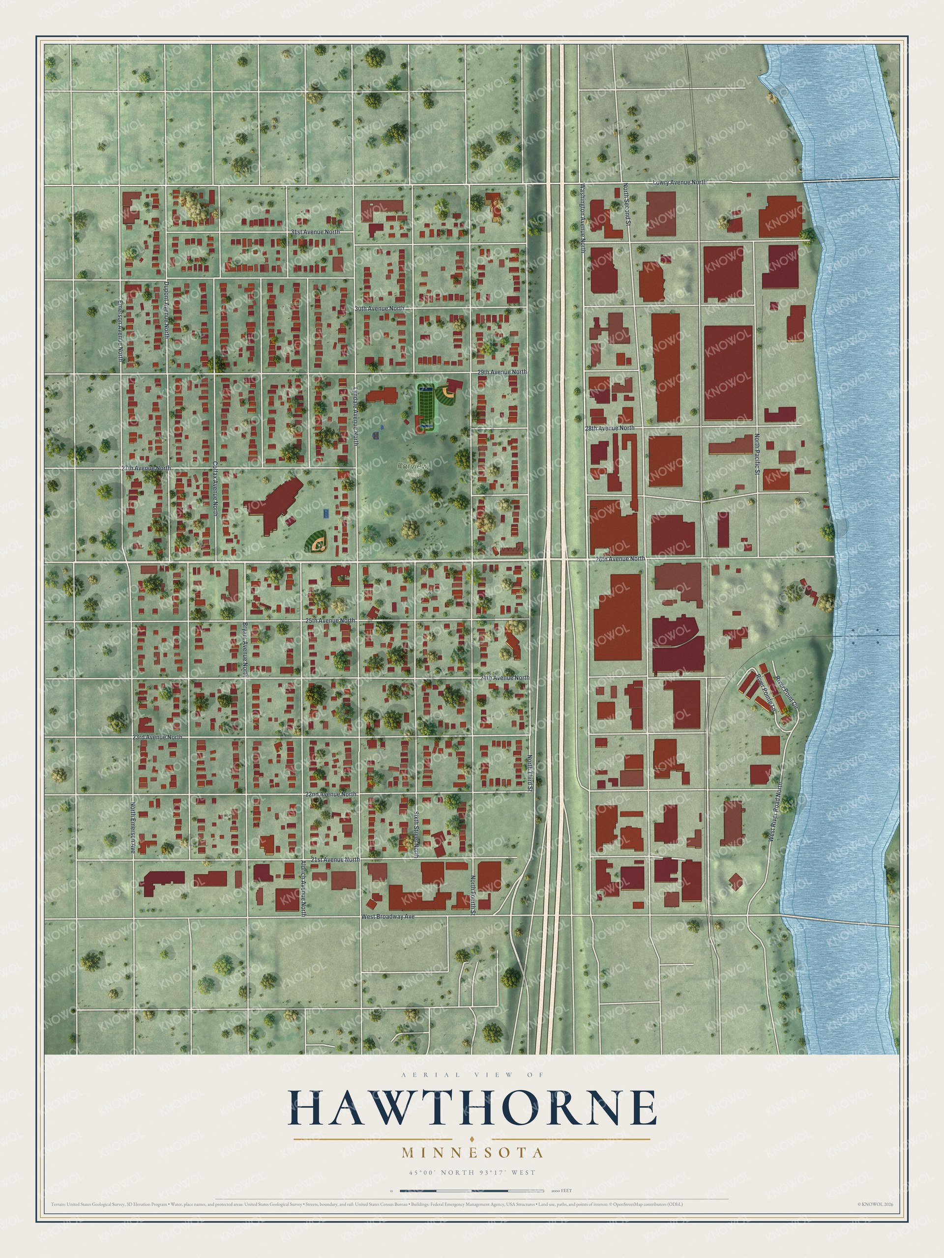 Full map of Hawthorne, Minnesota, with red buildings, printed street names and the land around them