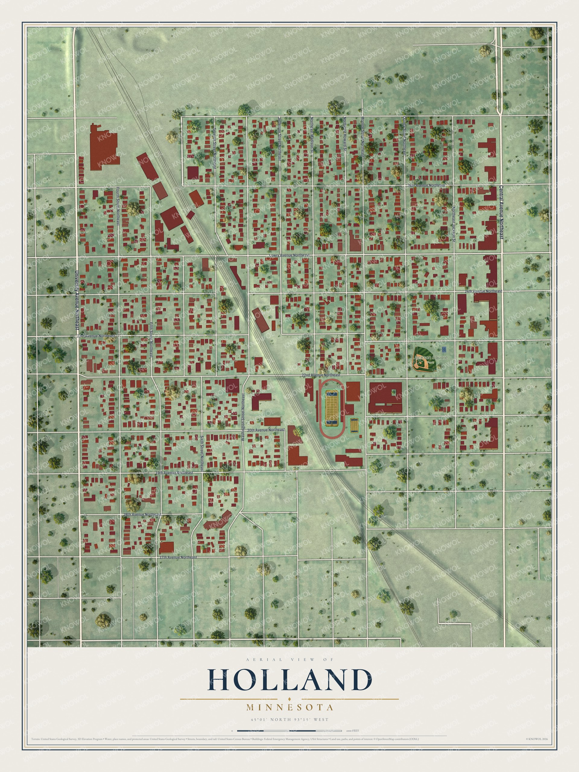 Full map of Holland, Minnesota, with red buildings, printed street names and the land around them