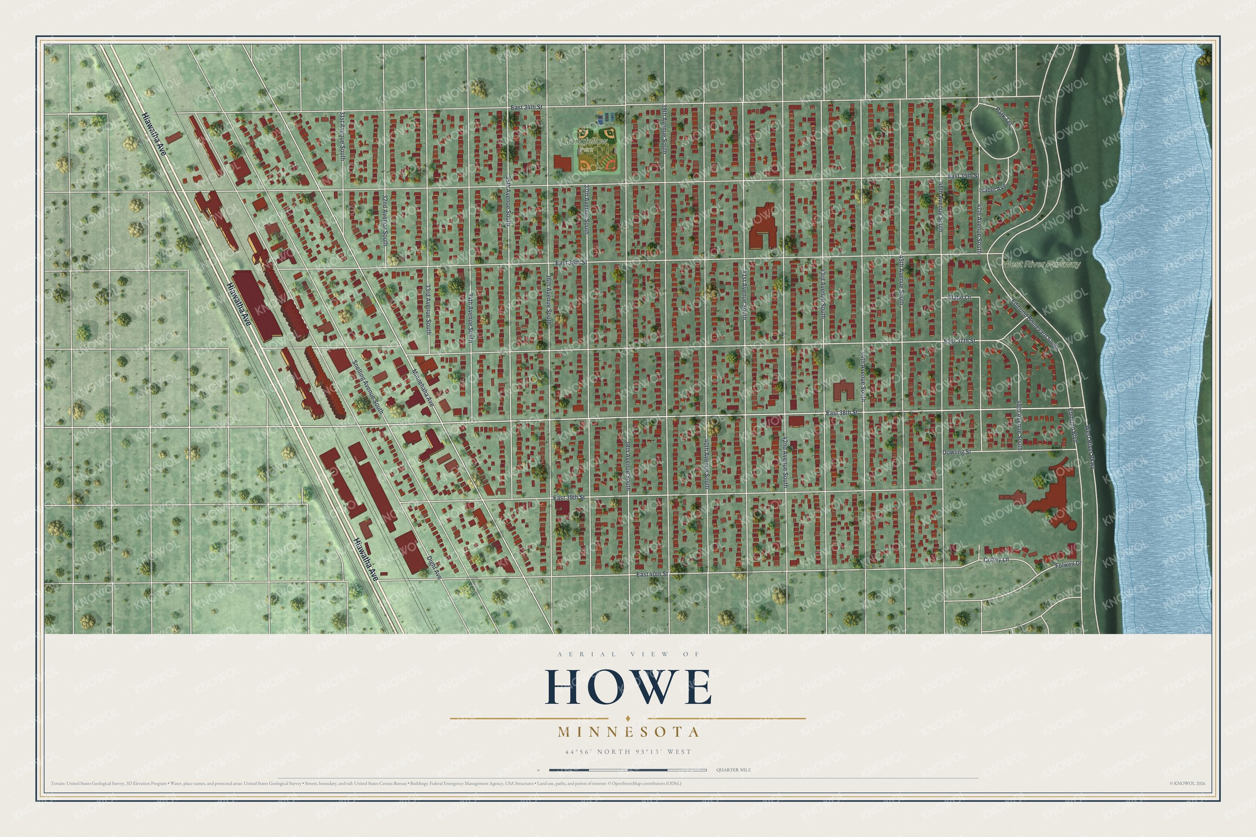 Full map of Howe, Minnesota, with red buildings, printed street names and the land around them