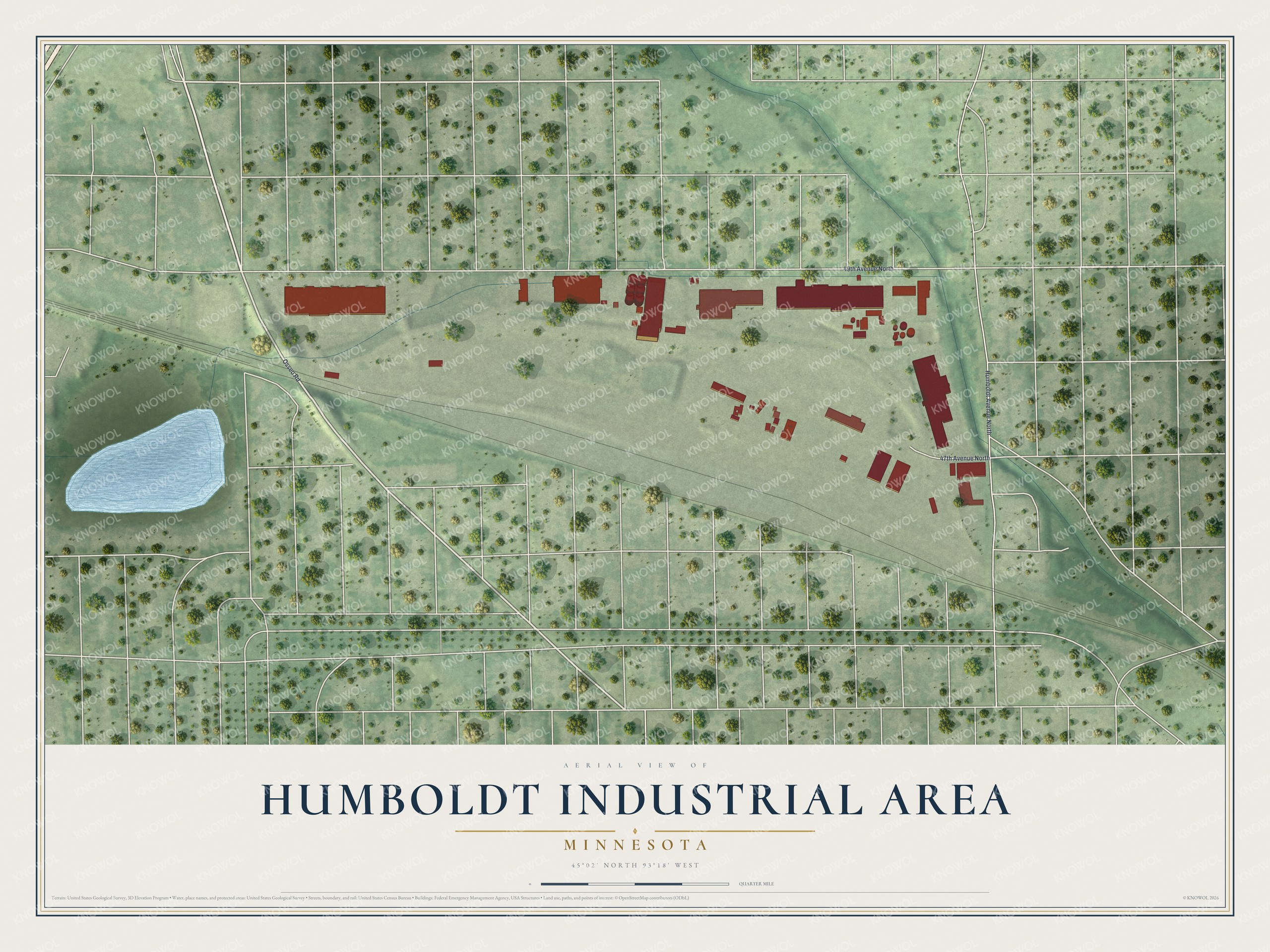 Full map of Humboldt Industrial Area, Minnesota, with red buildings, printed street names and the land around them