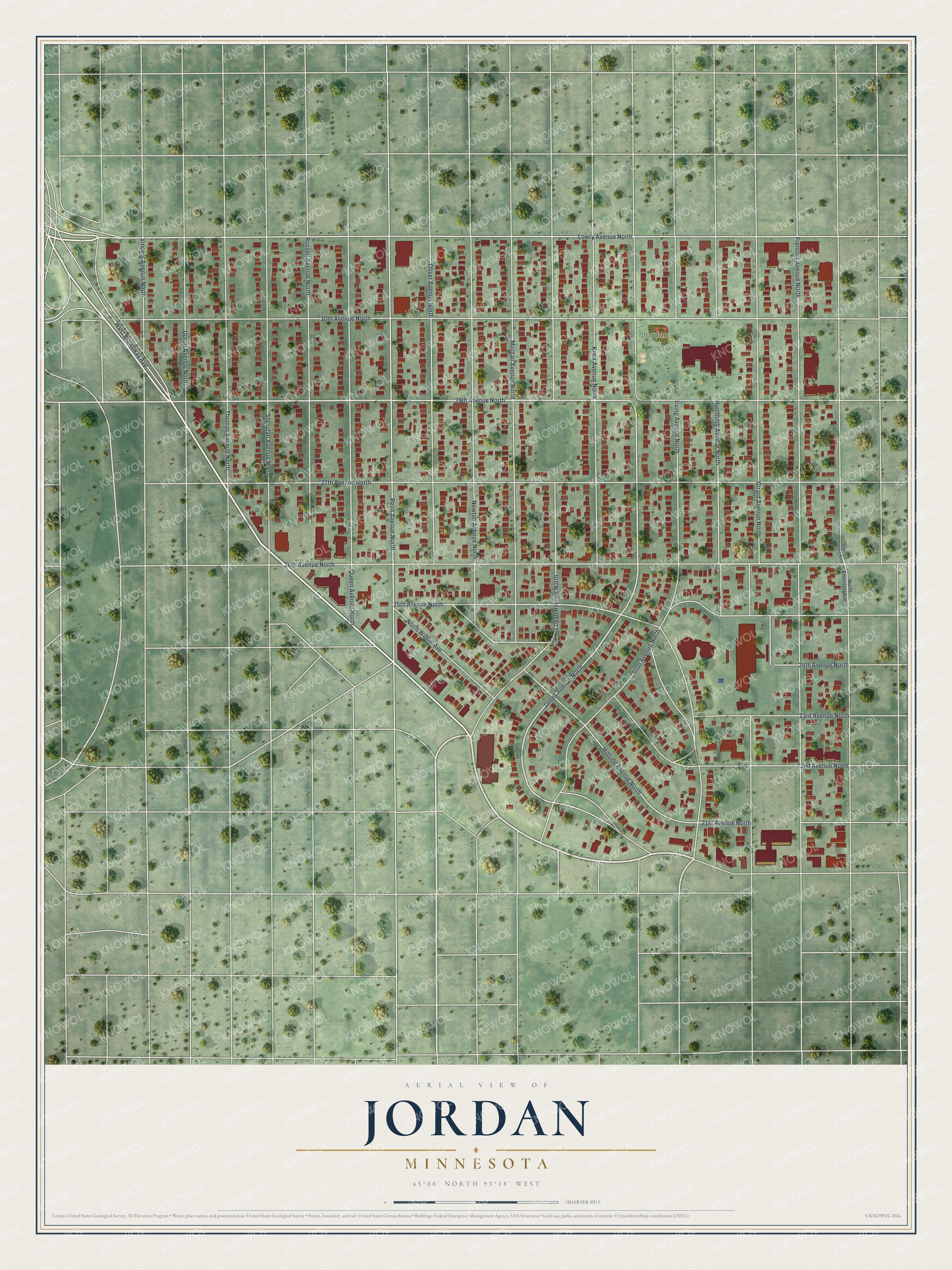 Full map of Jordan, Minnesota, with red buildings, printed street names and the land around them