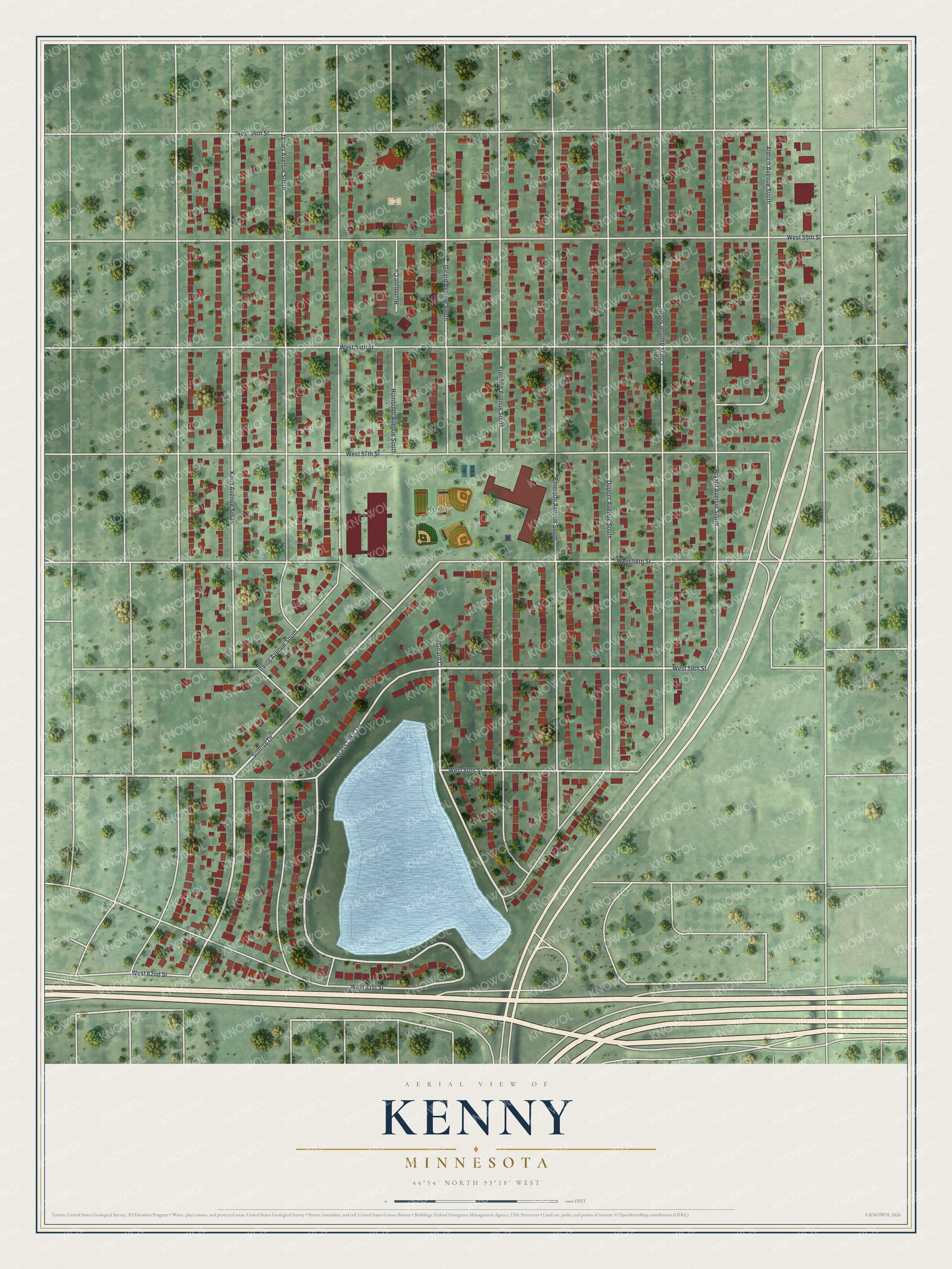 Full map of Kenny, Minnesota, with red buildings, printed street names and the land around them