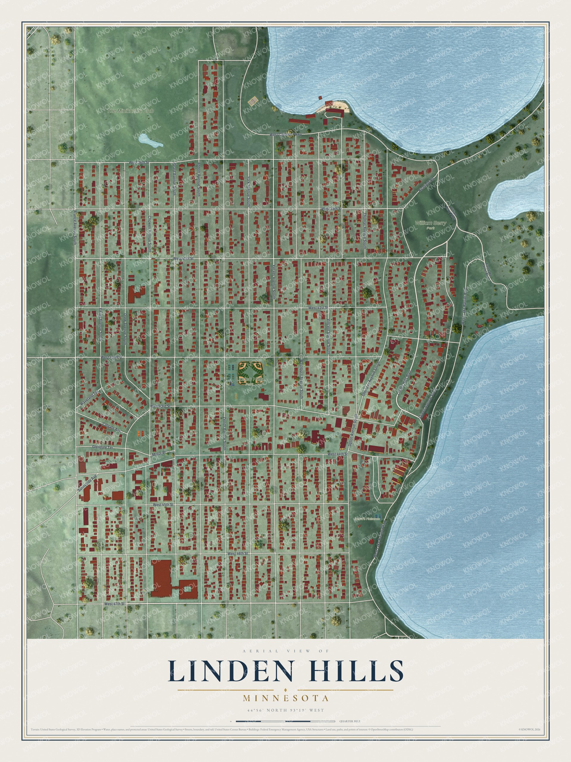 Full map of Linden Hills, Minnesota, with red buildings, printed street names and the land around them