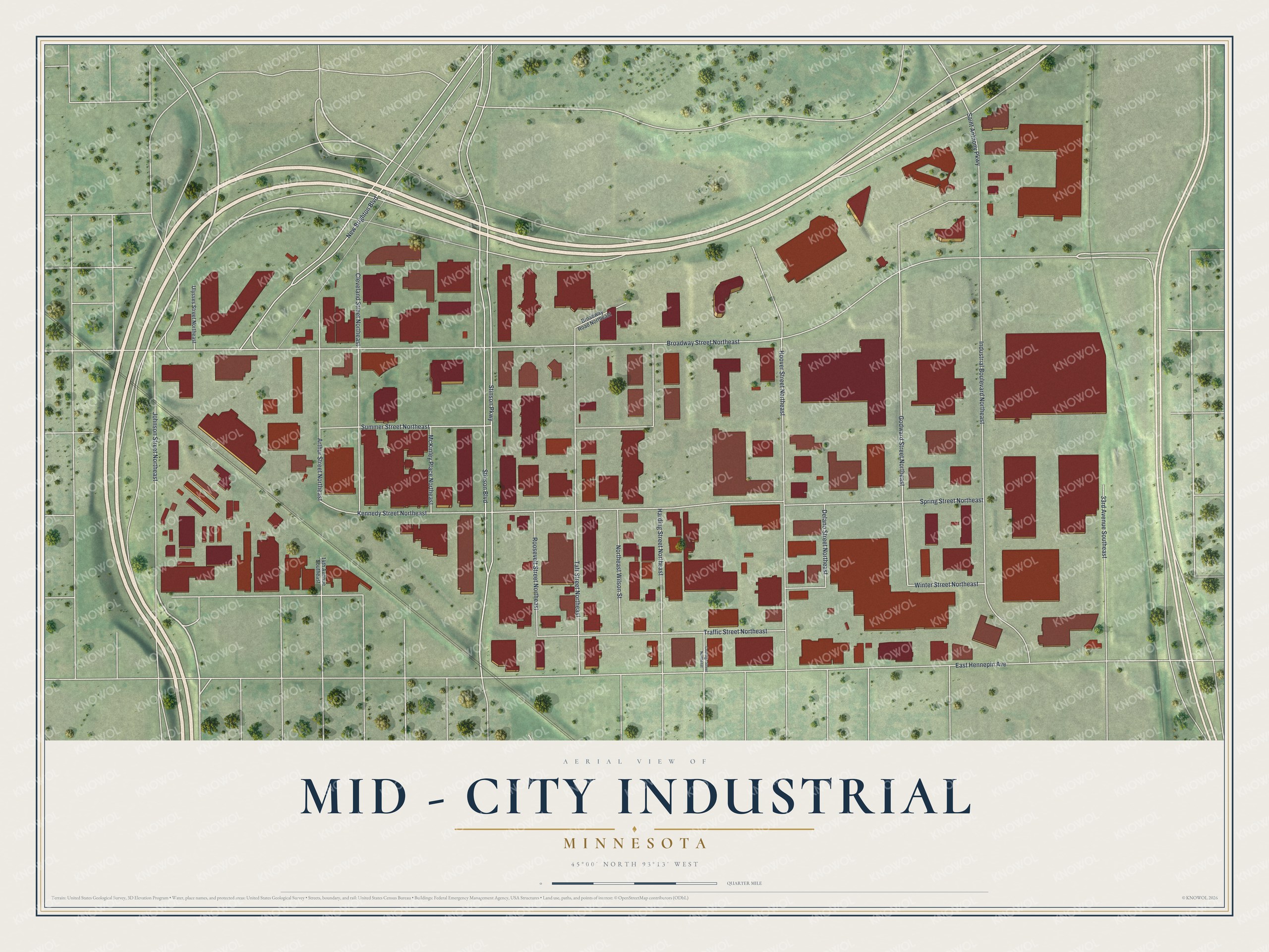 Full map of Mid - City Industrial, Minnesota, with red buildings, printed street names and the land around them