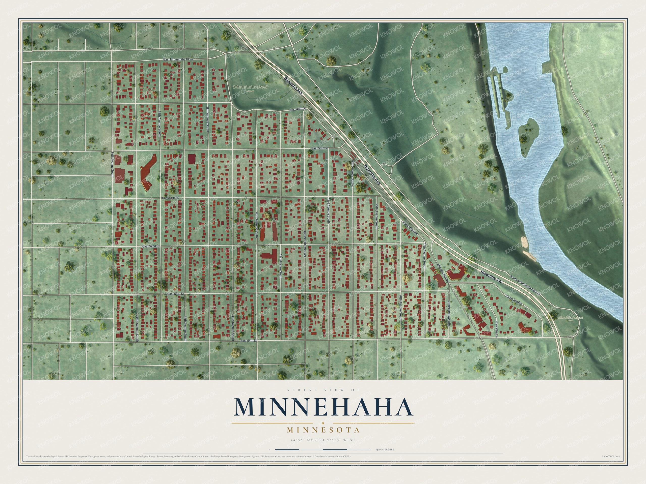 Full map of Minnehaha, Minnesota, with red buildings, printed street names and the land around them