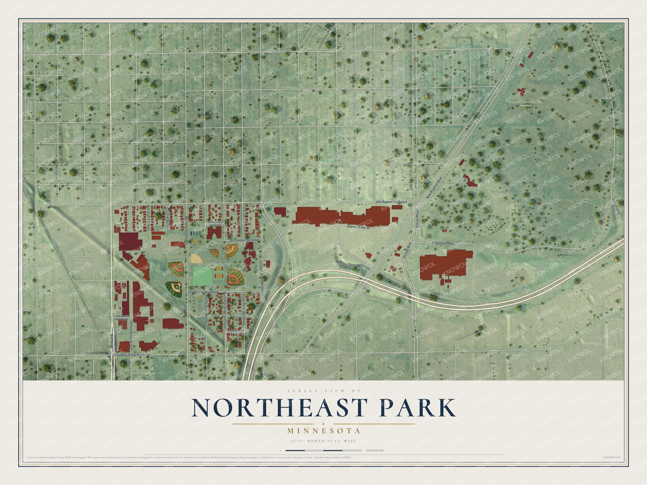 Full map of Northeast Park, Minnesota, with red buildings, printed street names and the land around them
