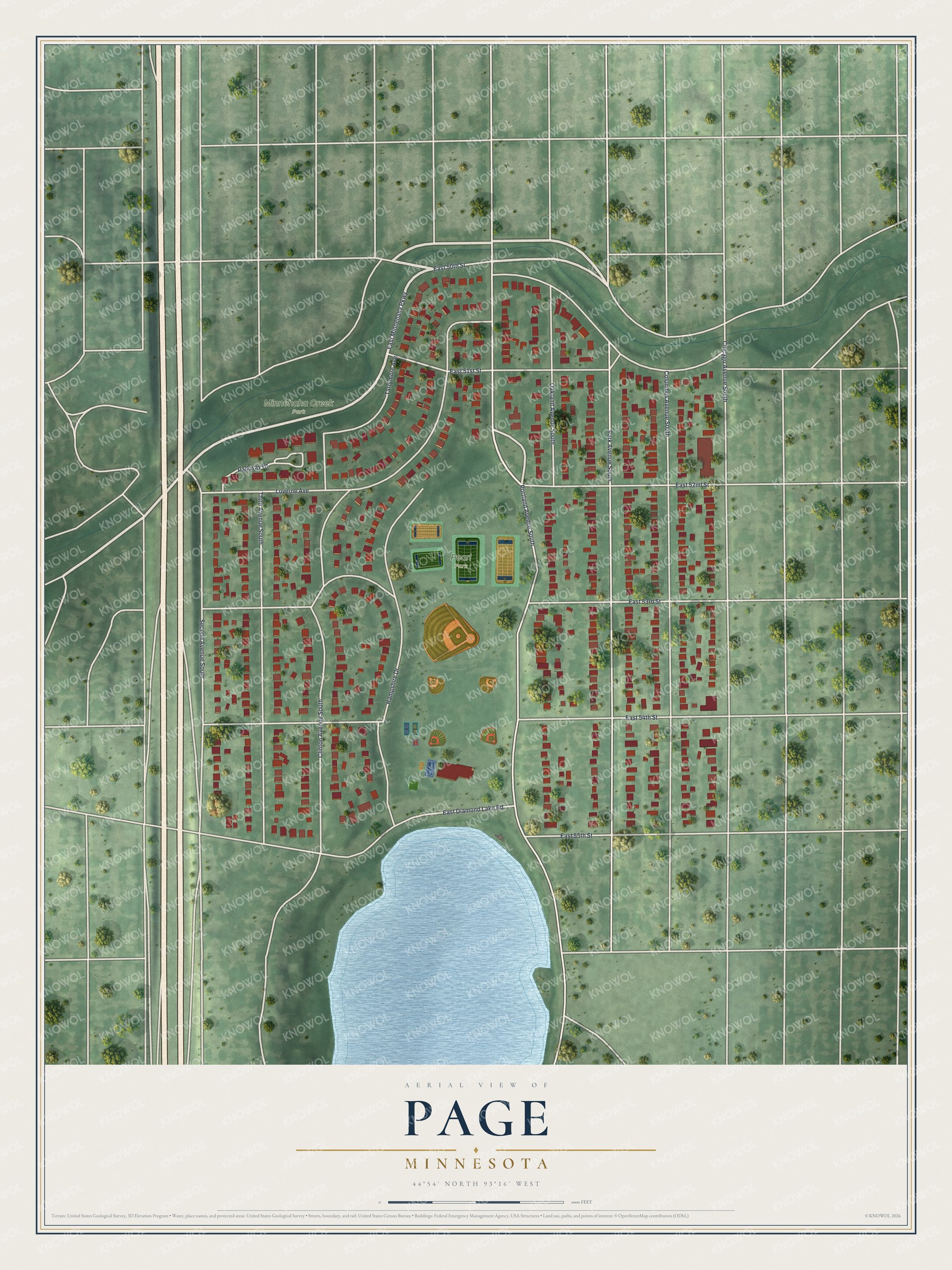 Full map of Page, Minnesota, with red buildings, printed street names and the land around them