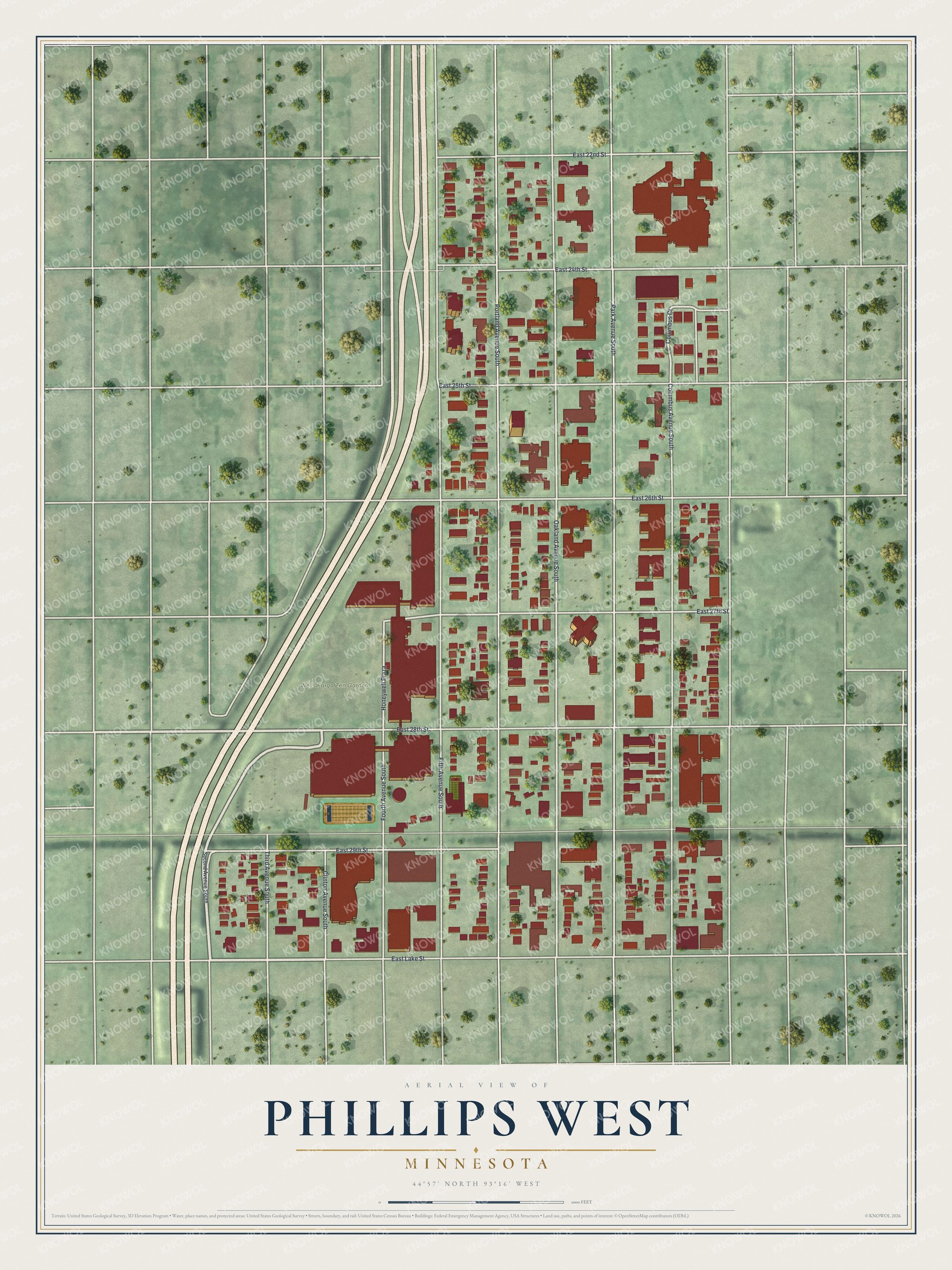 Full map of Phillips West, Minnesota, with red buildings, printed street names and the land around them