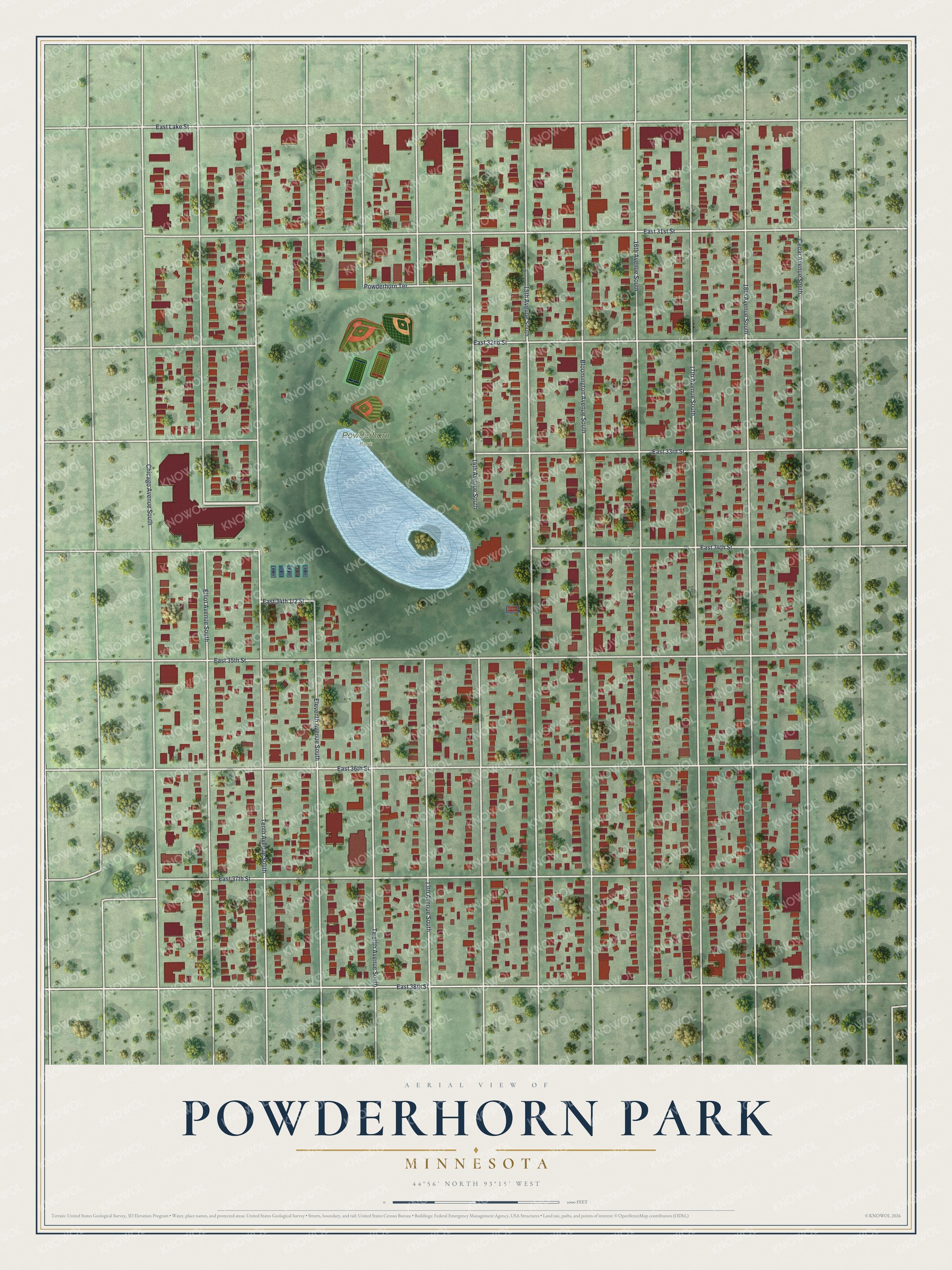 Watermarked full-map preview of Powderhorn Park, Minnesota
