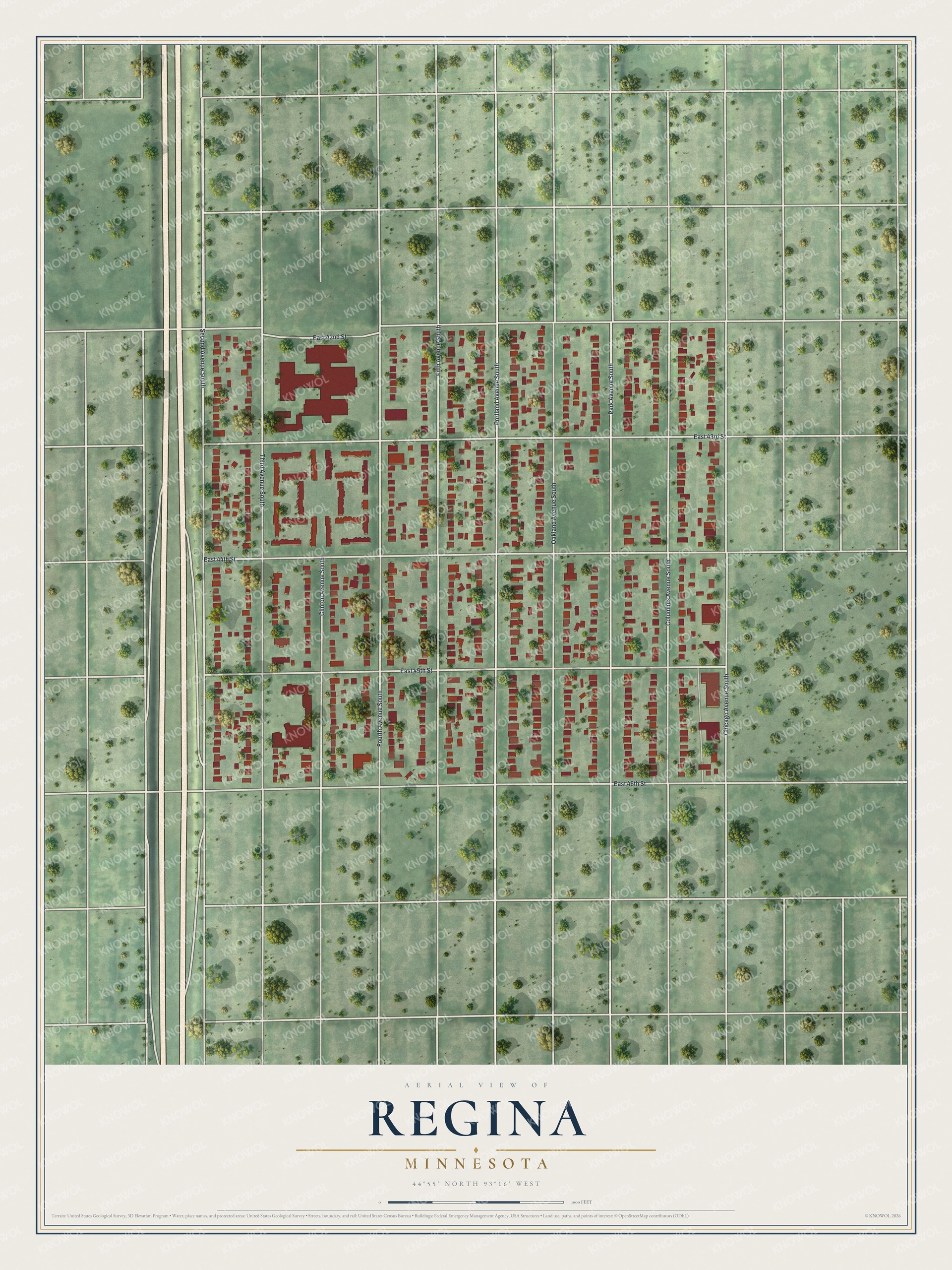 Full map of Regina, Minnesota, with red buildings, printed street names and the land around them