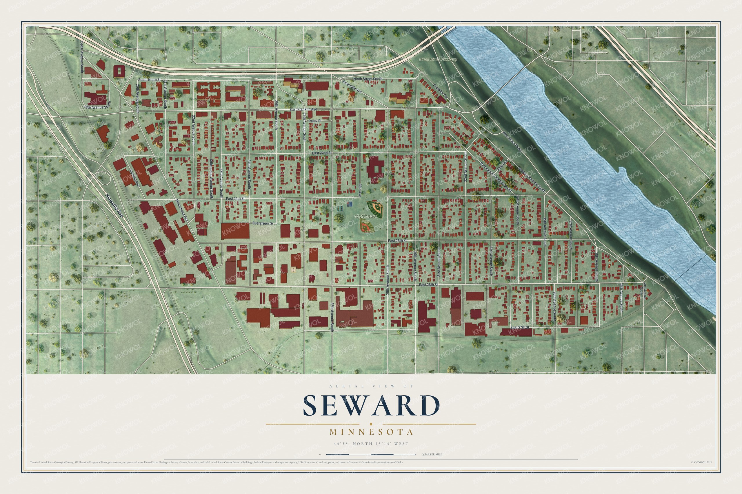 Full map of Seward, Minnesota, with red buildings, printed street names and the land around them