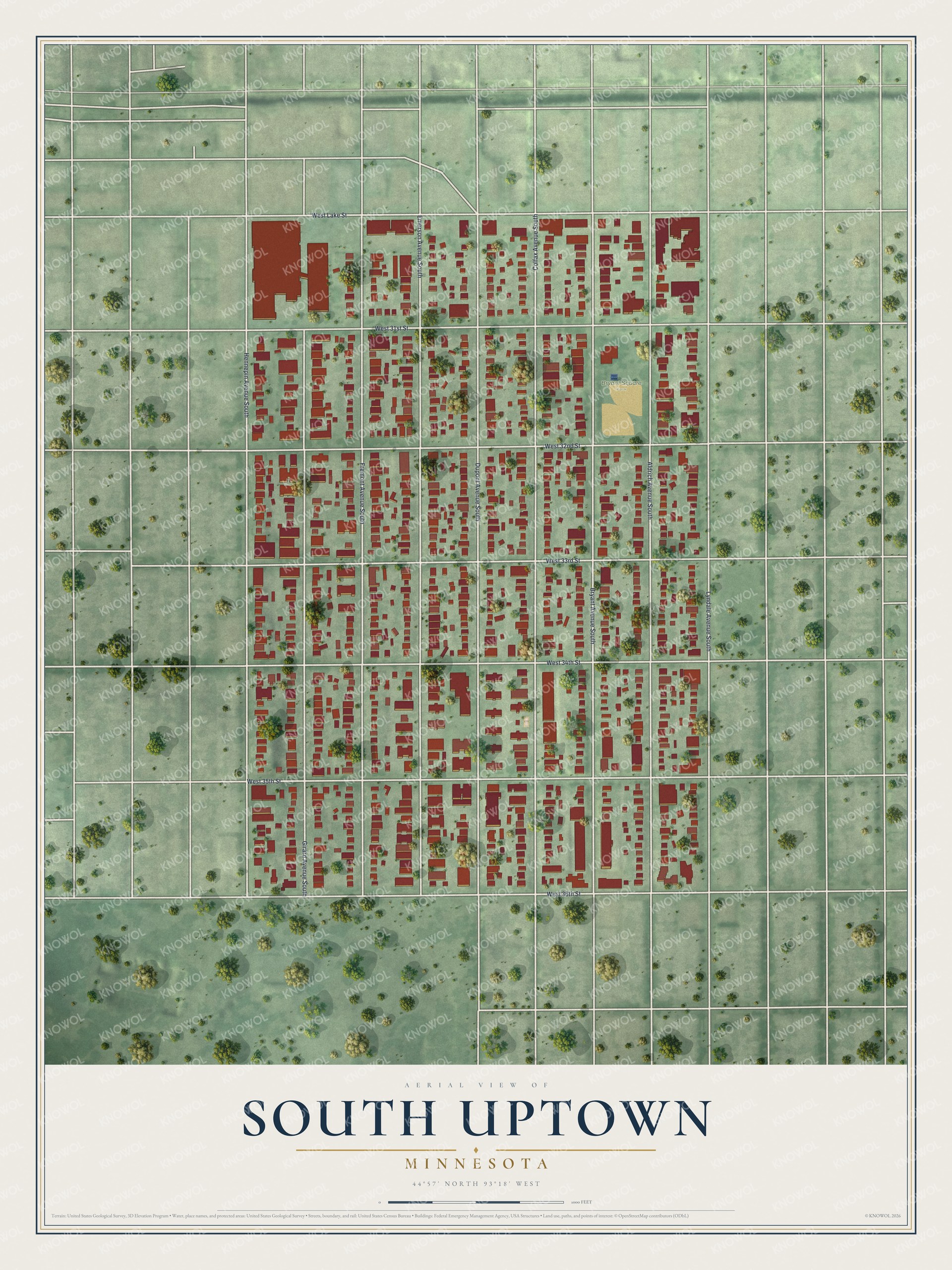 Full map of South Uptown, Minnesota, with red buildings, printed street names and the land around them