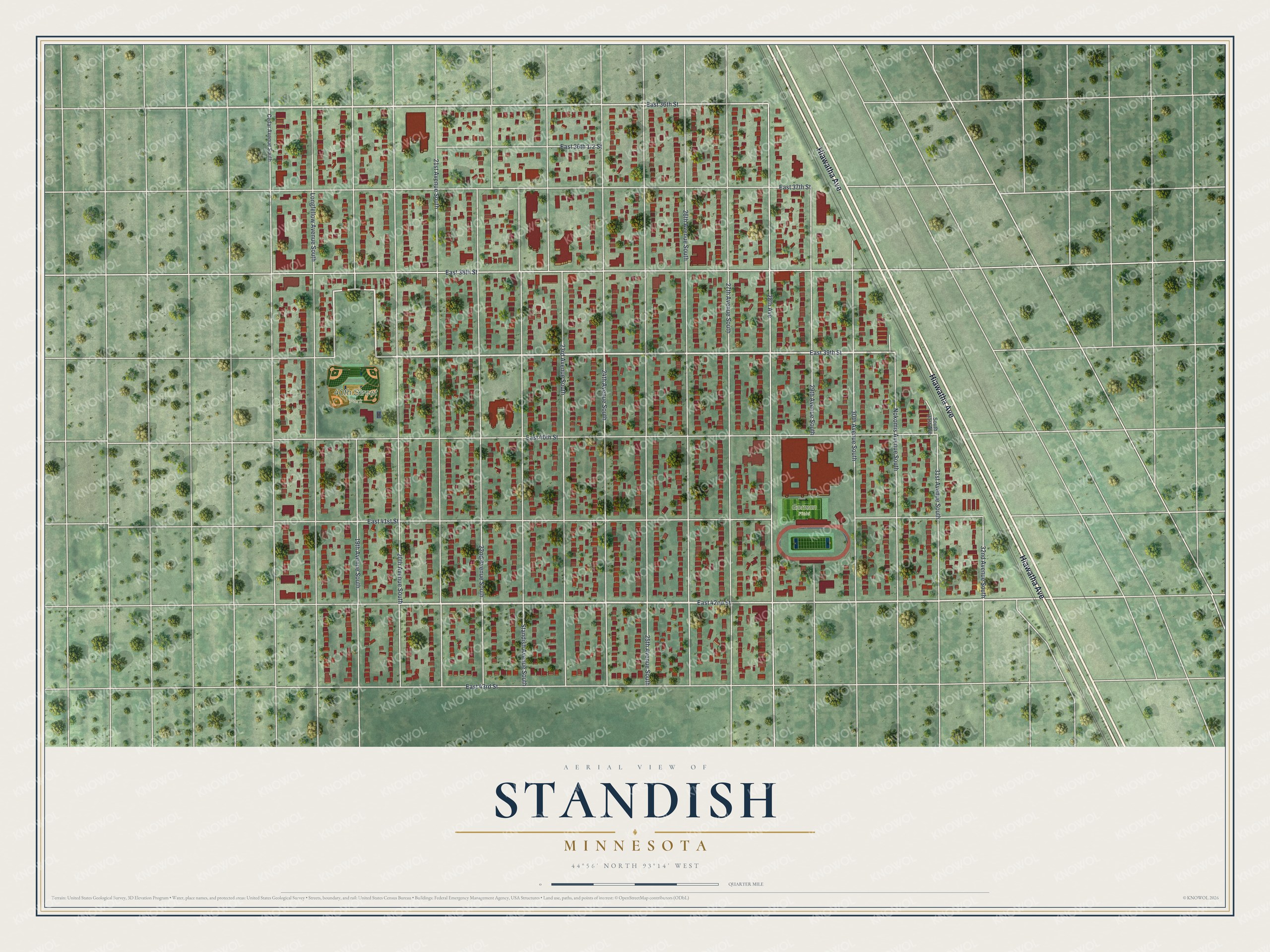 Full map of Standish, Minnesota, with red buildings, printed street names and the land around them